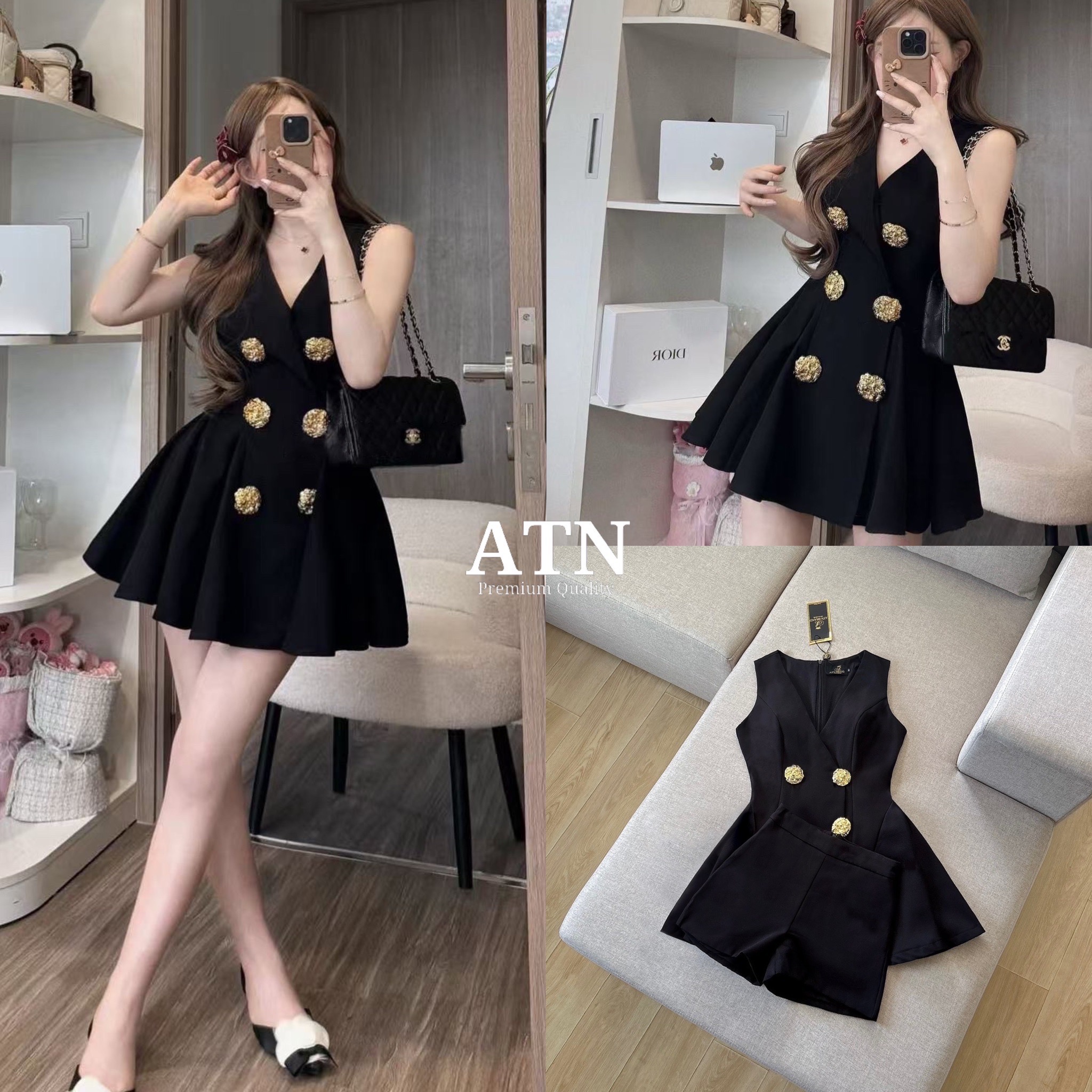 ชุดset 2ชิ้น มินิเดรสแขนกุดสีดำ แต่งกระดุมสีทองสุดอลัง อกเสริมฟองน้ำ มีซิปหลัง+ขาสั้นทรงสวยเป๊ะ(มีกระเป๋าข้าง)ผ้าดีมากๆ สีละมุนคุมโทนชุดนี้หยิบมาใส่ได้บ่อย ไม่มีเบื่อ ต้องมีติดตู้ไว้เลยนะค่า