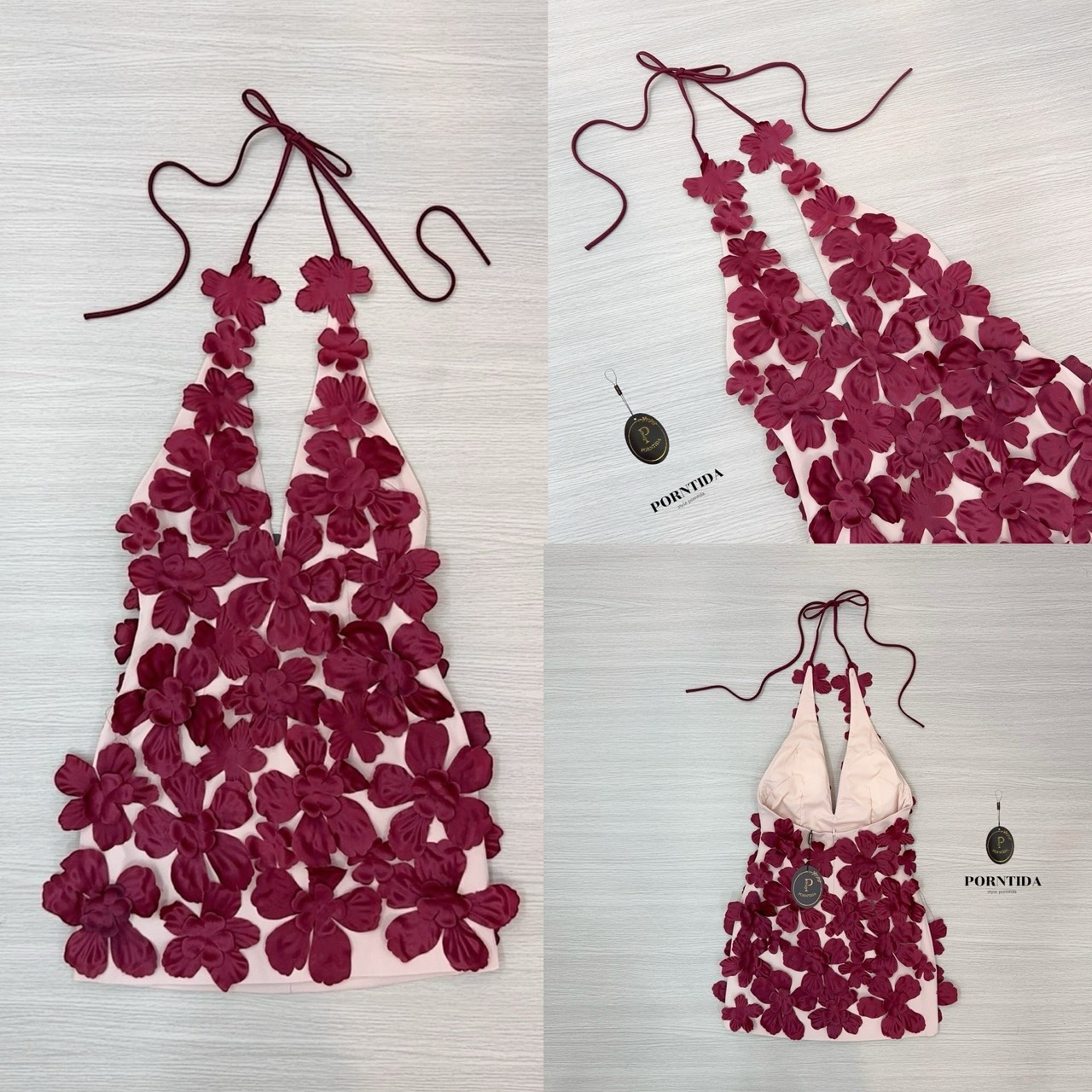 แบร์นPORNTIDA 🤍 Detail : ชุดคล้องคอดอกไม้สีแดง หน้าอกเสริมฟองน้ำเป็นงานซิปหลังเป็นงานผูกคอแต่งด้วย detail ดอกไม้ 3-D ทั้งชุดตัวเดรสเป็นสีครีมรุ่นนี้ สวยเกิน