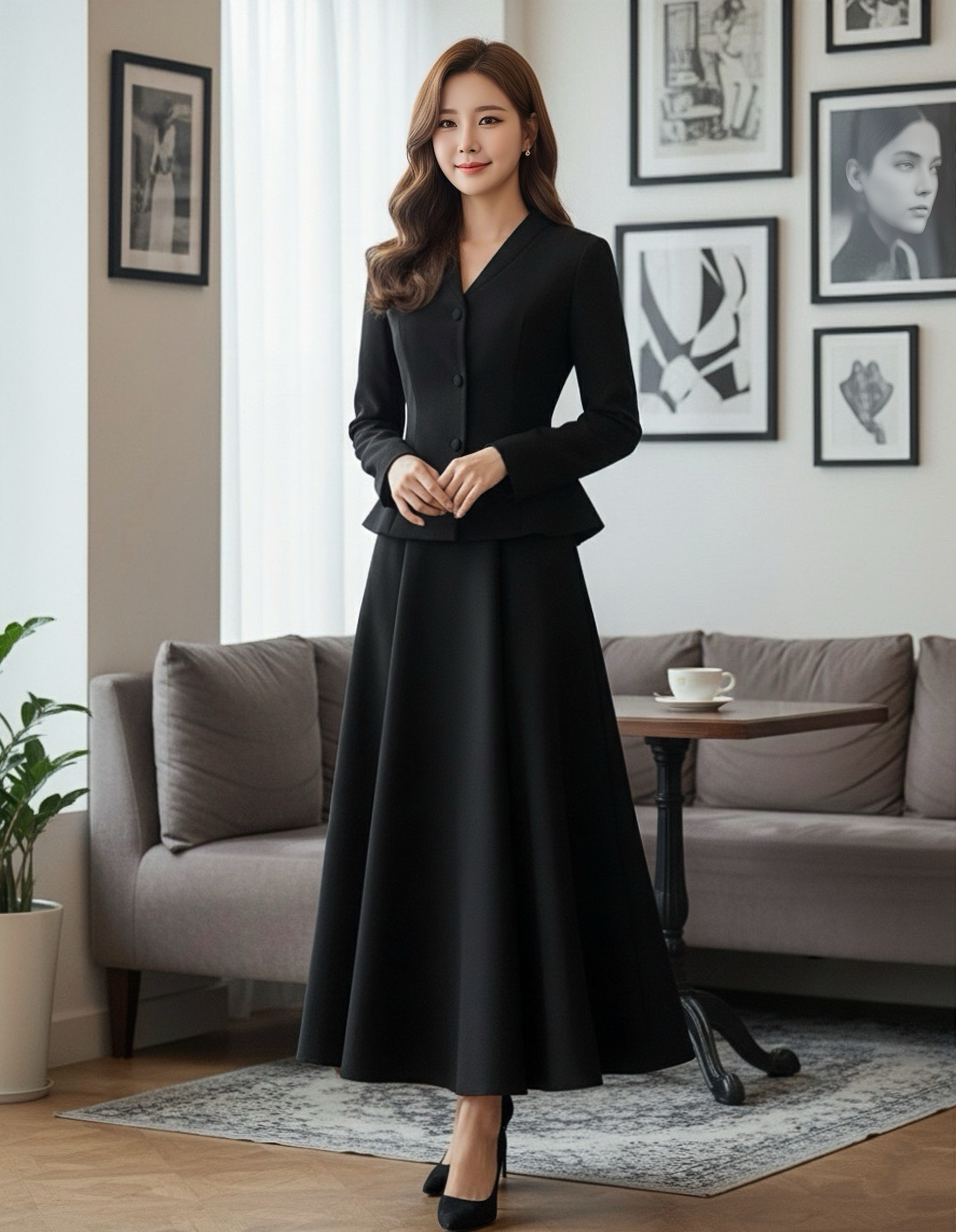 เซต 2 ชิ้น ชุดสุภาพสีดำล้วน เสื้อคอวีแขนยาว กระดุมสีดำด้านหน้า เอวเข้ารูป มากับกระโปรงยาวบานสีดำมีจีบกระโปรง ดูสุภาพเรียบร้อยมาก