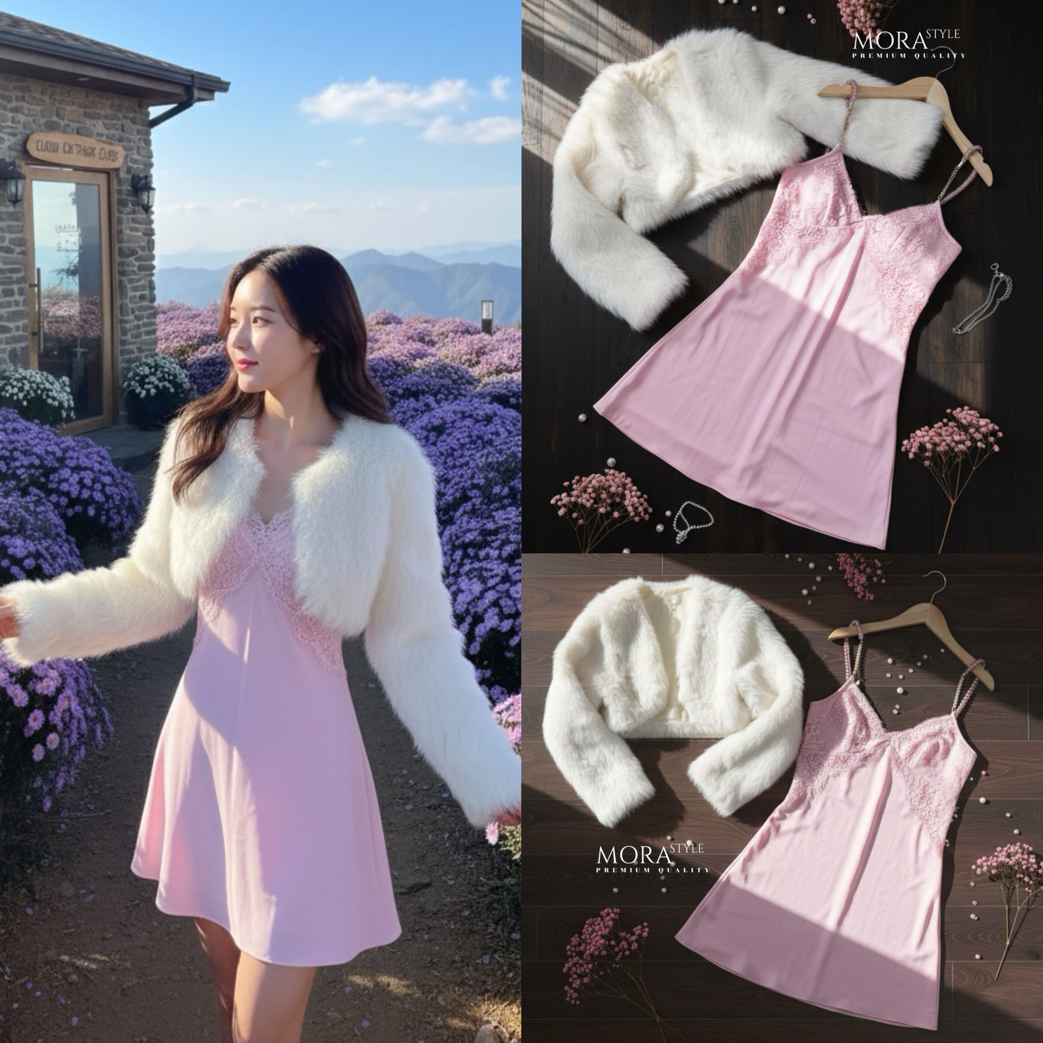 เซ็ท 2 ชิ้น มินิเดรสสายเดี่ยวตามแบบฉบับเซเลปดารา ผ้าพริ้วใส่สบาย มาพร้อมกับเสื้อคลุมแต่งขนเฟอร์ ใส่แมทช์น่ารักมากค่าาา