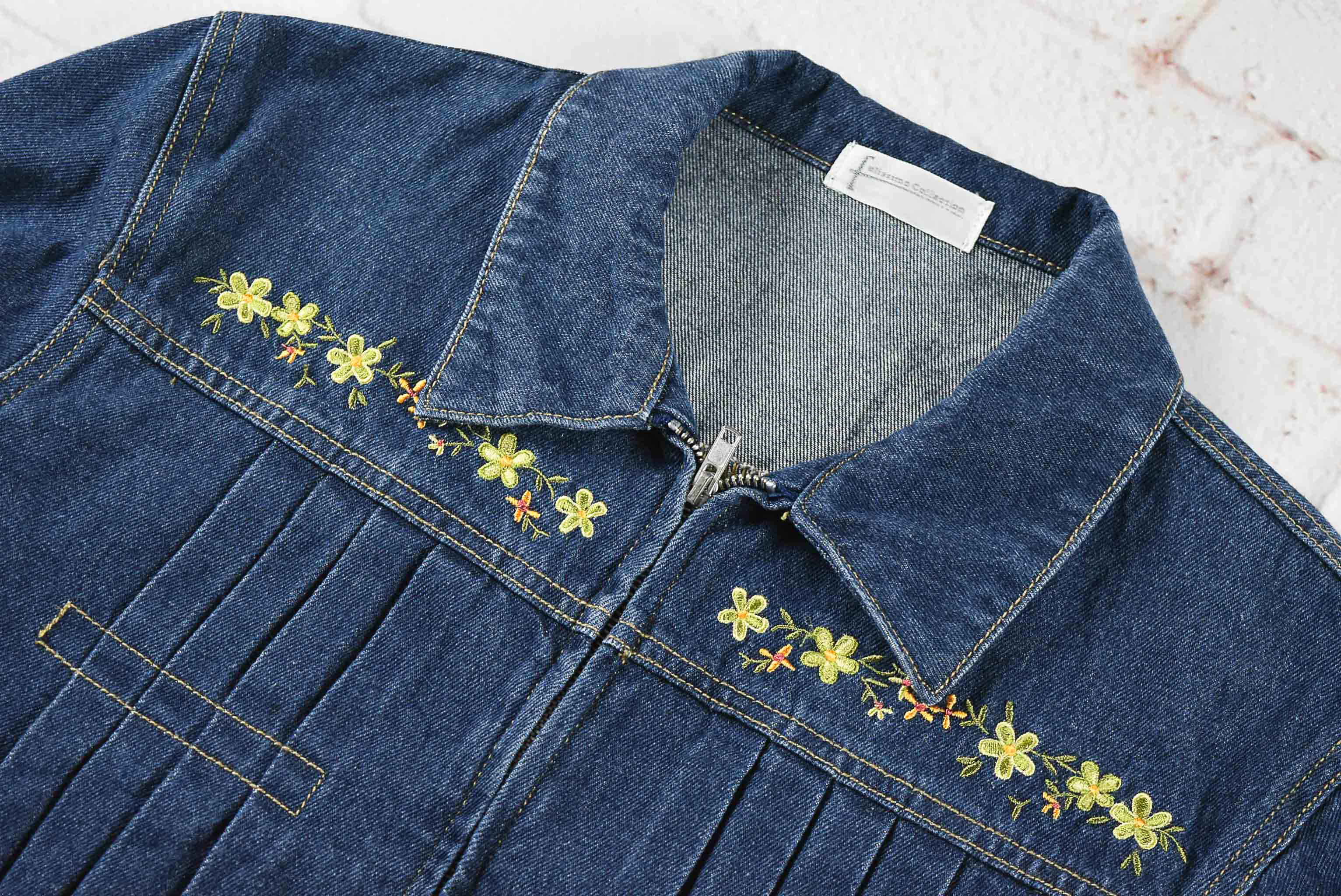 Felissiom อกจริง 38 ไซส์ L เสื้อแจ็คเก็ตยีนส์ แขนยาว ผู้หญิง สีเข้ม ปักลายดอก มีซิปหน้า ผ้านุ่ม คลุมกัดแดด