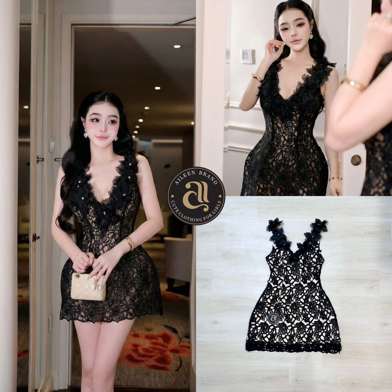 งานป้าย : Aileen Brand มินิเดรสสีดำ ดีเทลผ้าลูกไม้ทั้งชุด มีซัปในสีครีมมาอย่างดี ไม่ต้องกลัวโป๊ ช่วงอกเสริมฟองน้ำ แต่งดอกไม้ 3D สีดำบริเวณคอและไหล่ มีคริสตัลติดกลางดอกไม้ (อกเสริมฟองน้ำ) งานสวยเนื้อผ้าดี มีชับใน ซิปหลังซ่อนอย่างดี
