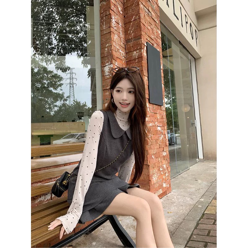 MAYA SHOP 5085# Set 2 pcs เสื้อแขนยาว ลาย polka dot + เดรสแขนกุด คอบัว งานซิปหลัง เนื้อผ้าดี มีซับใน งานสวย