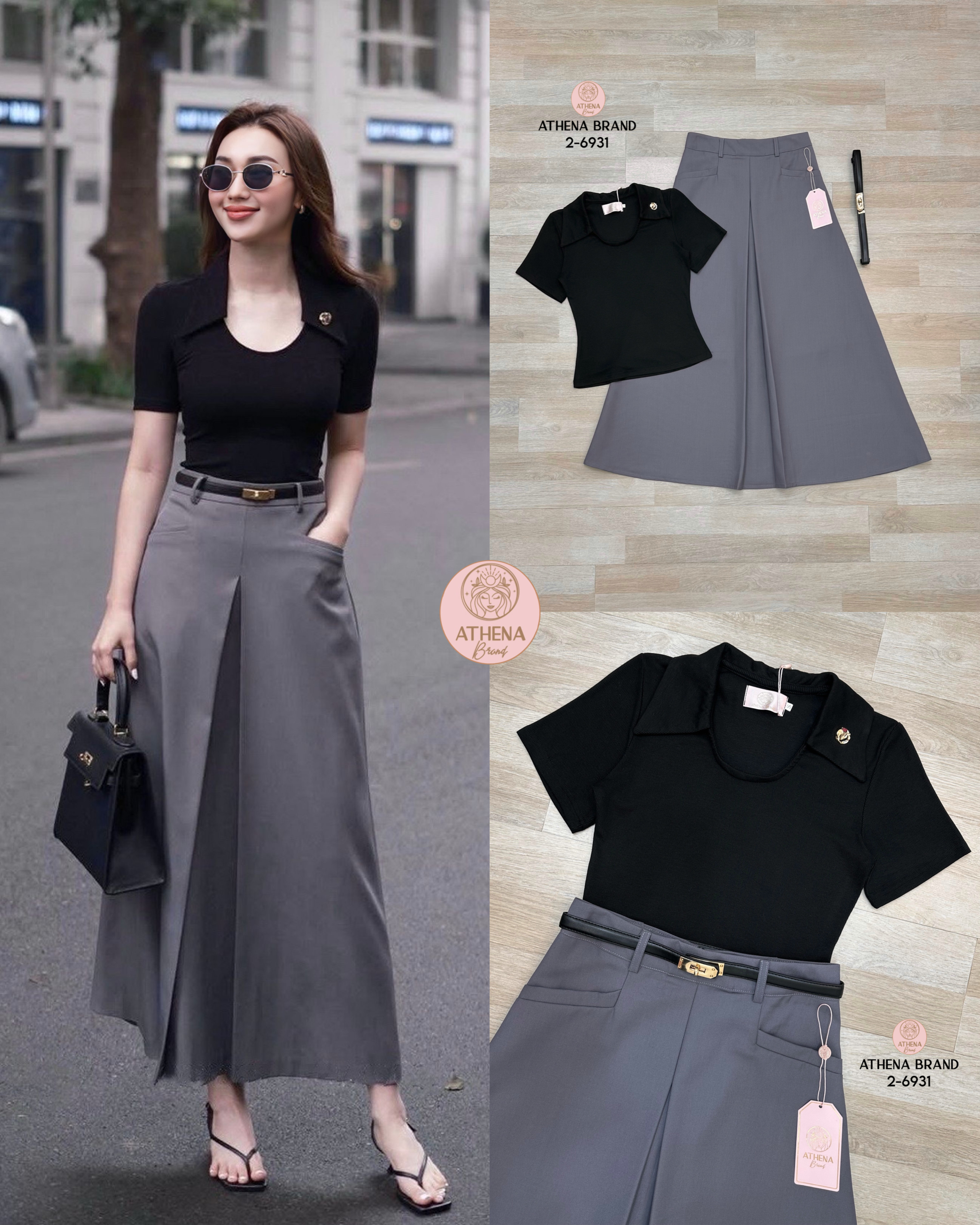 Tag 🔖 :Athena (อธีน่า) Brand Detail :: เสื้อ+กระโปรง+เข็มขัด+เข็มกลัด Set4 ชิ้น เสื้อยืดคอปกผ้าร่อง แมตช์มาคู่กับกระโปรงดีไซน์เย็บจับจีบ มีกระเป๋าใช้ ได้จริงทั้ง2ข้าง เนื้อผ้าดี๊ดีมีน้ำหนักและมีTexture#Athenabrand #ป้ายAthena #เสื้อผ้างานป้าย #ชุด