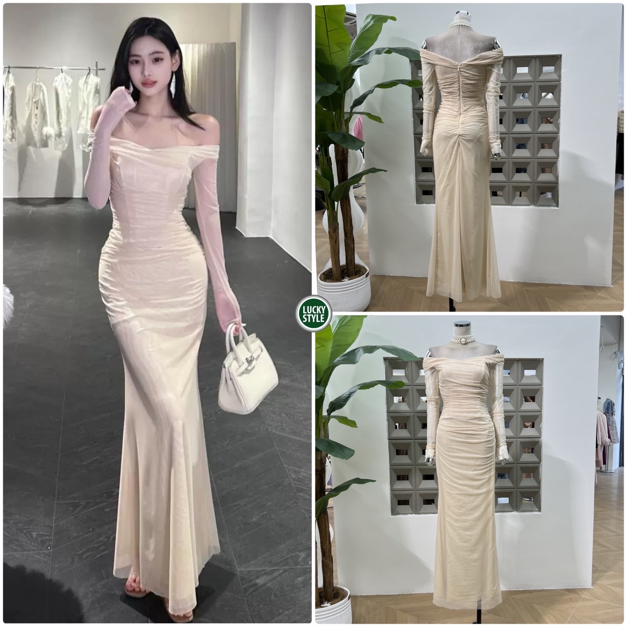SEXY Dressเดรสเปิดบ่าแขนยาวปลายแขนสอบ งานแบรนด์ต่างประเทศสุดหรู Hi End ดีเทลเนื้อผ้ามีน้ำหนักสวยใส่กระชับเก็บทรงใช้การตัดเย็บพิเศษอย่างดี เนื้อผ้าสวยมากคะ ดีไซด์ของเดรสเป็นเปิดบ่าย่นอกซ้อนแต่งช่วงเอวซี่ดามเหล็กด้านในอก