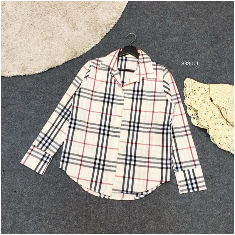 เสื้อเชิ้ตเก๋ๆสุดฮิตลายตารางแบรนด์เนมเบอเบอรี่Burberry-สีครีม
