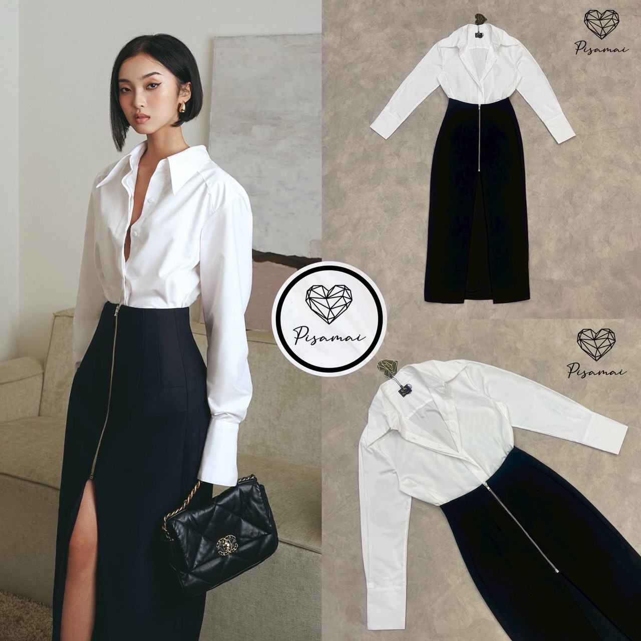 เซ็ตเสื้อเชื้ตคอปกสีขาวแขนยาว มาคู่กับกระโปรงสีดำ แต่งซิปหน้าสั้น อะไหล่เงิน สวย สง่า มาพร้อมเข็มขัดครบเซ็ต เฟียสๆ แกรมๆ