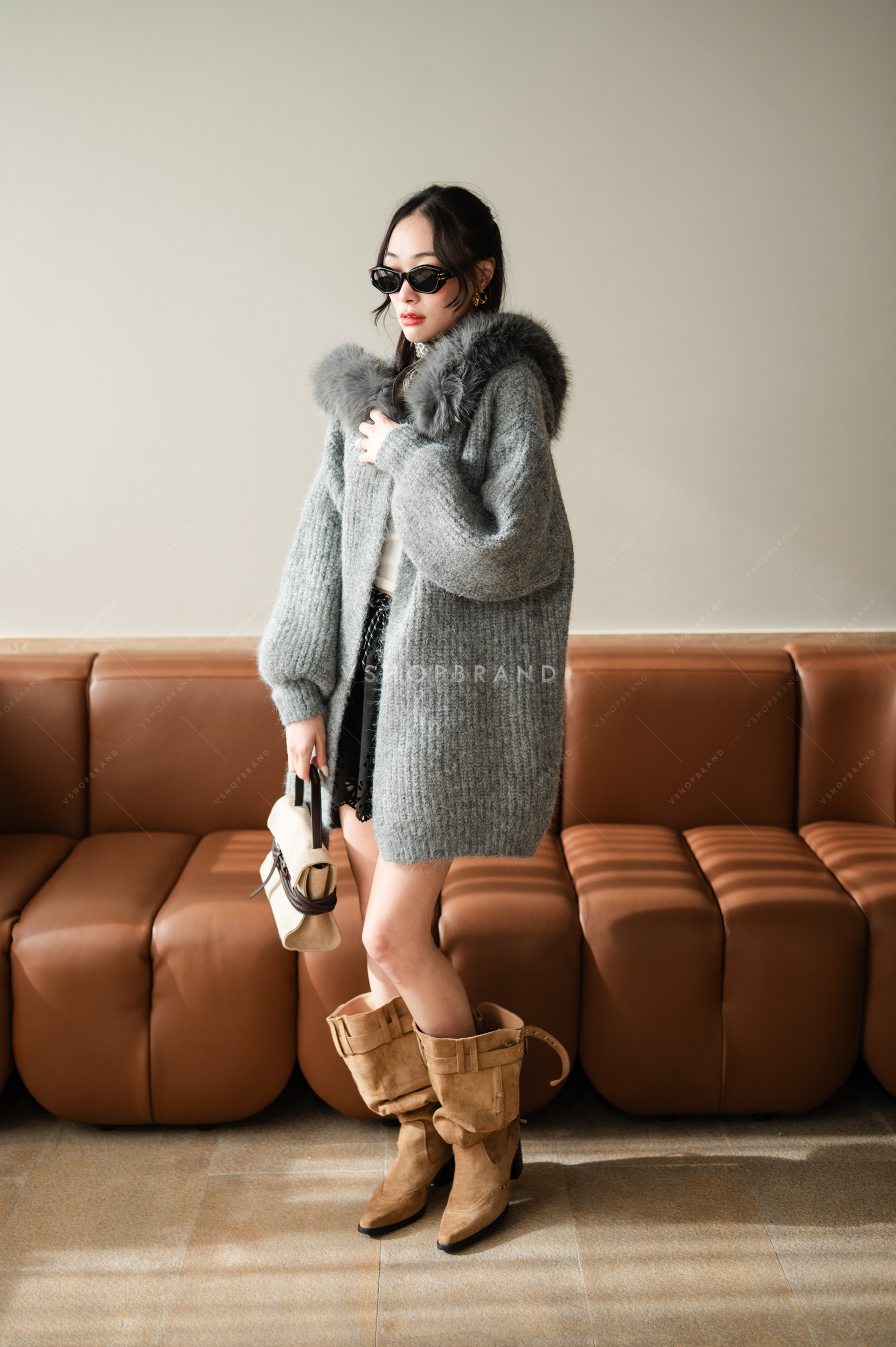 เสื้อคลุมแขนยาวฮู๊ด + ปกขนเฟอร์