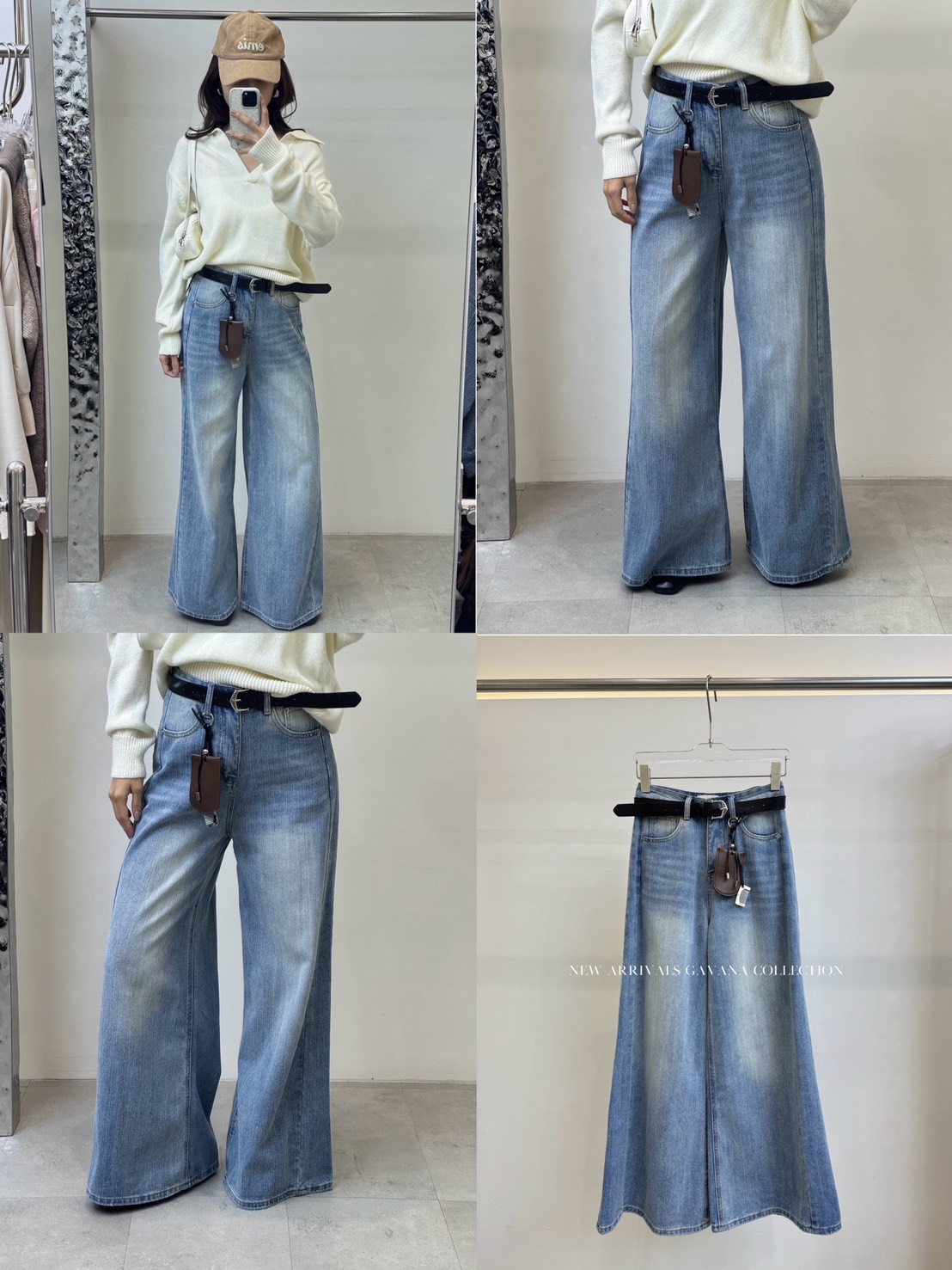 กางเกงขายาวทรงขากระบอกใหญ่ มาพร้อมเข็มขัด ✔ ดีเทลเข็มขัดแต่งห้อยกระเป๋าใบ ✔ ผ้ายีนส์ฟอกสีอย่างดี