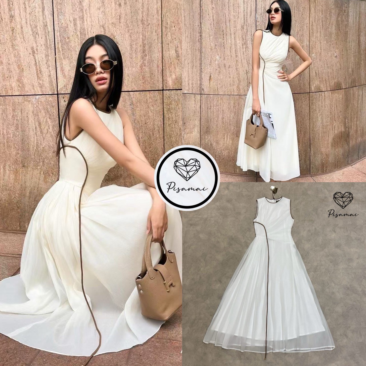 เดรสแขนกุดสีขาวแต่งดีเท็ลจีบย่นช่วงเอว สีเส้นลายสีน้ำตาลตัดขอบ ผ้าพริ้วใส่สวยมากๆค่า ใส่เฟียสๆ แกรมๆ ได้ไม่ซ้ำใคร ต้องมีเลยค่า