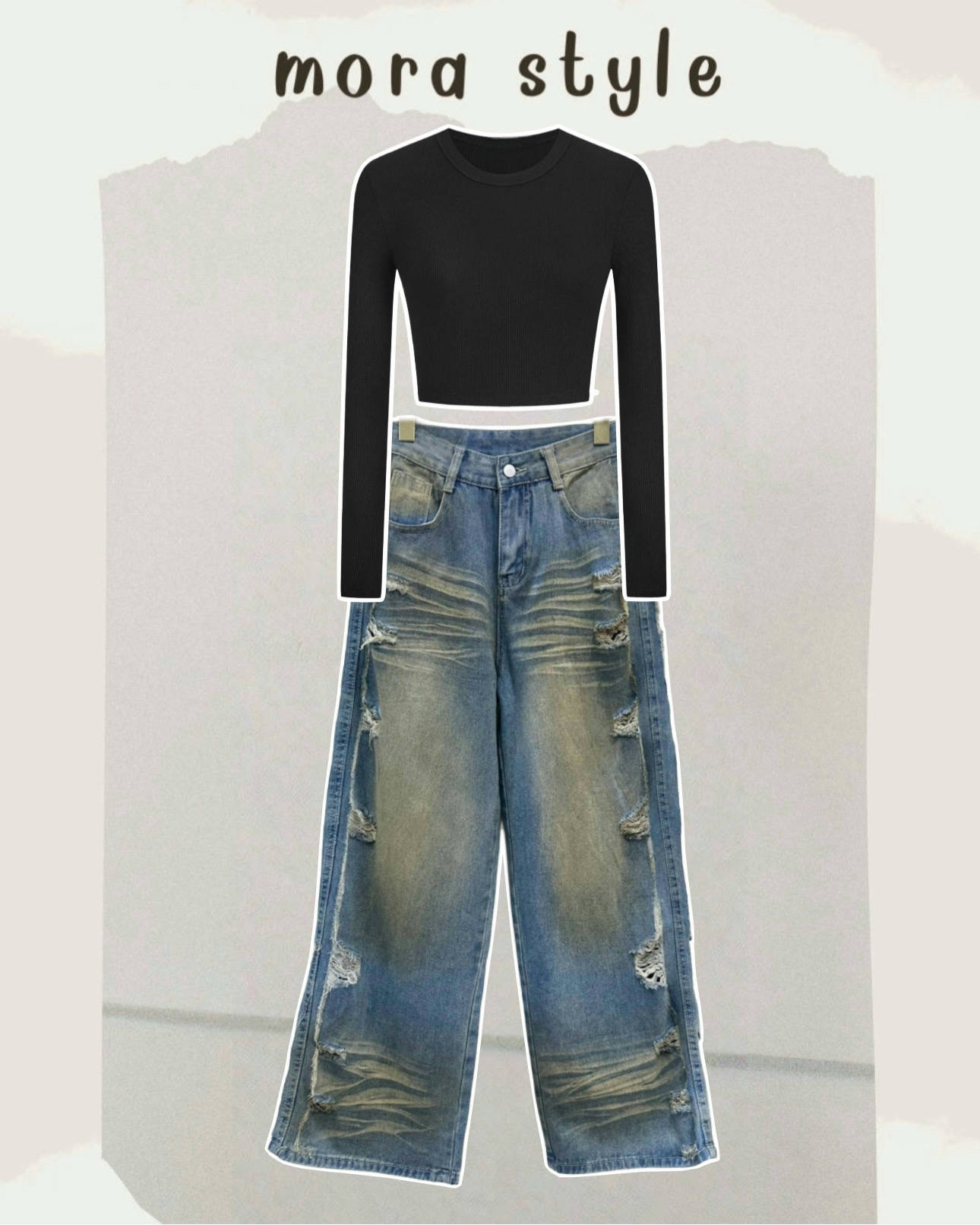 เซ็ต 2 ชิ้น เสื้อครอปแขนยาว ผ้ายืดหยุ่น งานสวยจึ้ง มาพร้อมกับกางเกงยีนส์เอวสูงขากระบอก ฟอกสี แต่งขาดด้านข้าง สายเท่ๆคูลๆแนะนำรุ่นนี้เลยค่าา