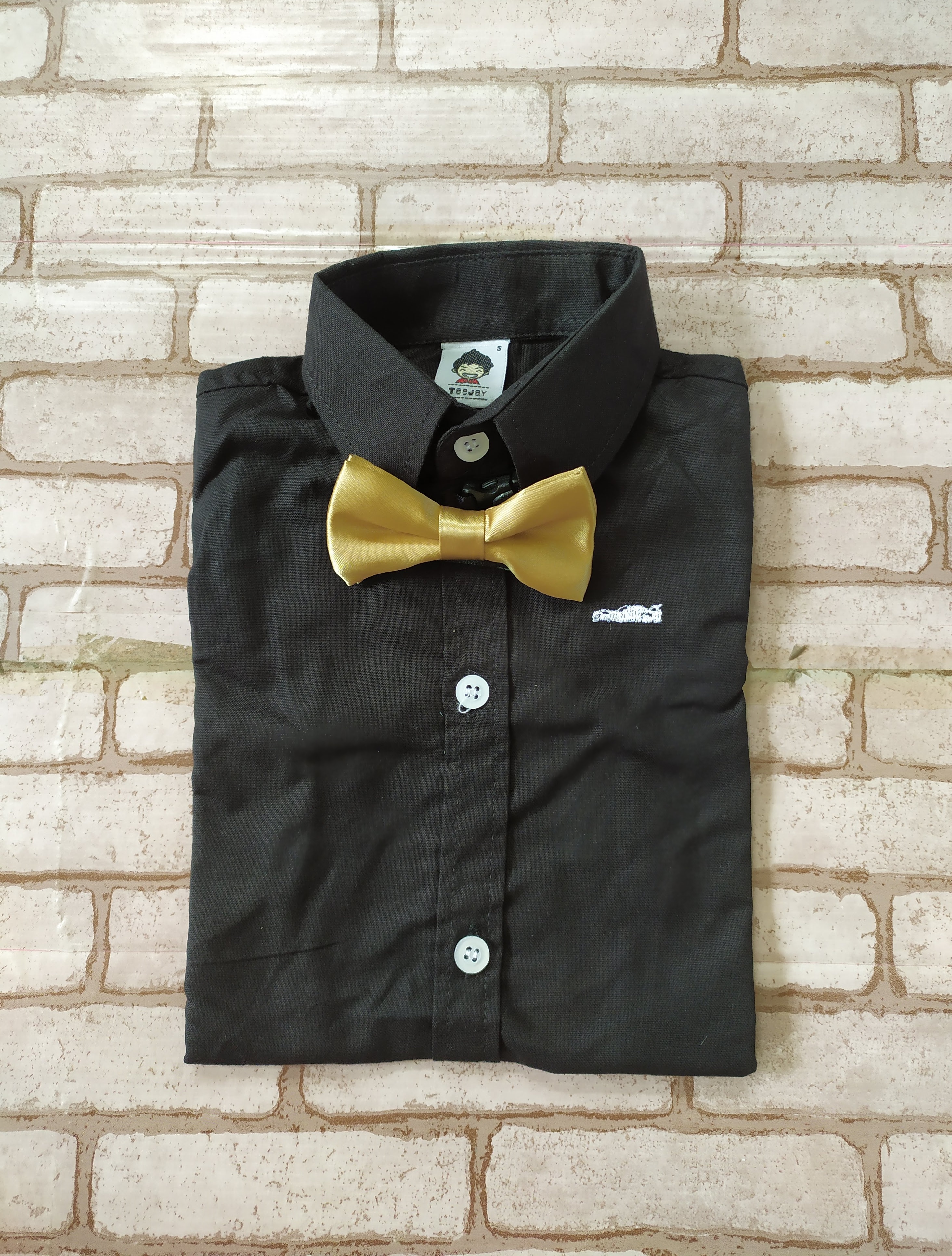 B+B36007 เสื้อเชิ้ตเด็ก แขนยาวสีดำ พร้อมโบว์สีทอง
