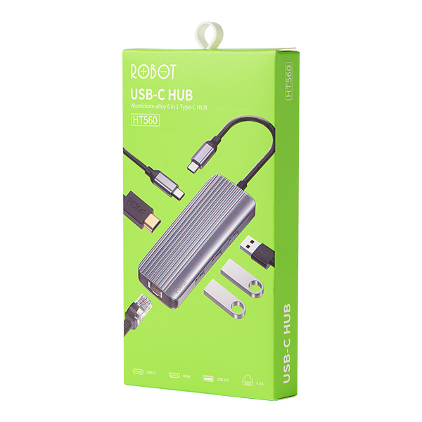 ROBOT HT560 INTERFACE USB-CHUB 6 IN1(รองรับชาร์ทเร็ว+มีช่อง RJ) SKU-02864