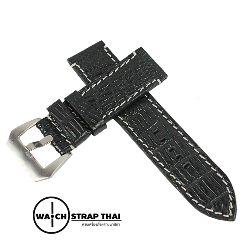 สายนาฬิกาหนังจระเข้แท้สำหรับ Panerai (Pam) Genuine Crocodile Leather Watch Strap Black ด้ายขาว ขนาด 24mm