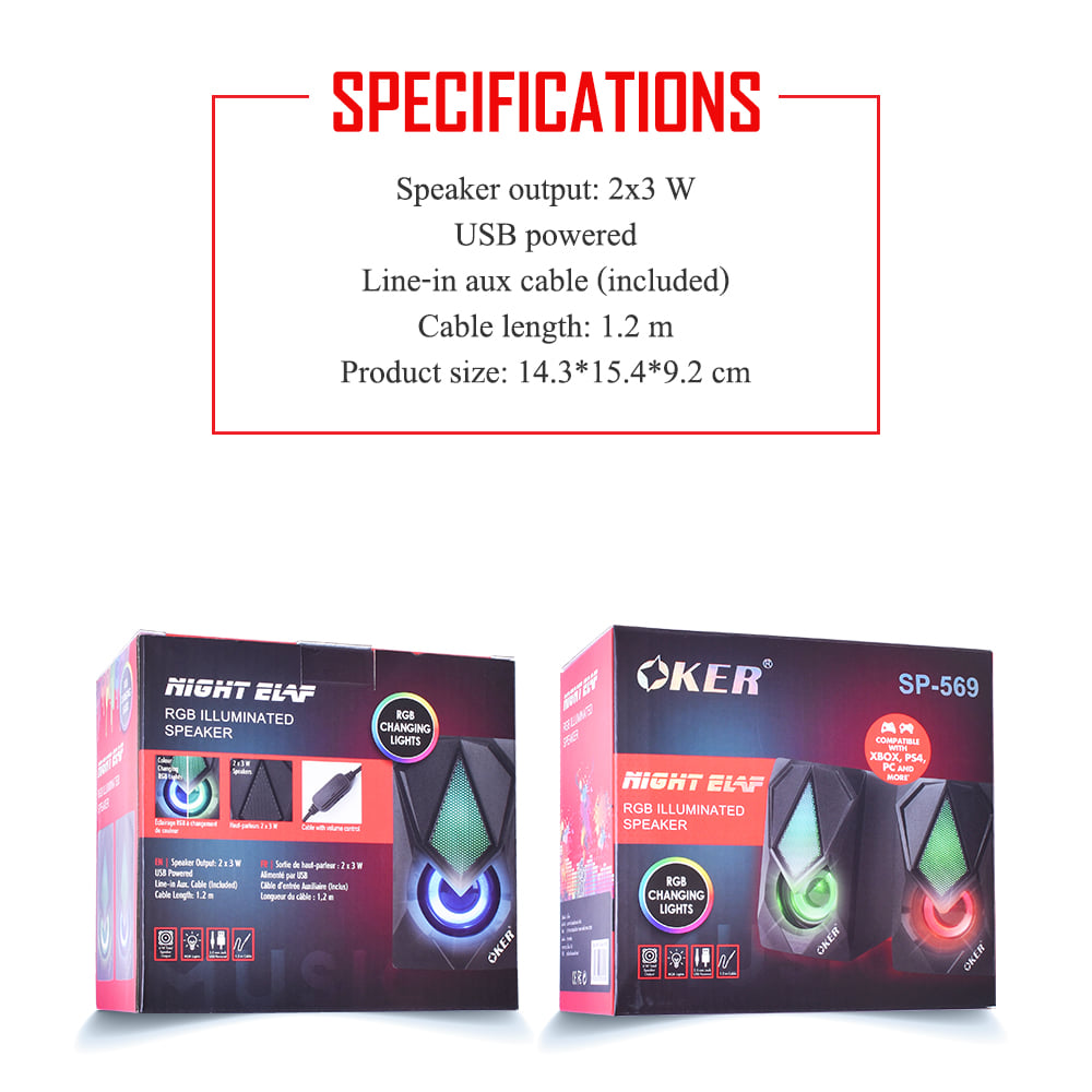 SP-569 OKER SPEAKER 2.1 มีไฟ USB RGB SP-OK-20-569BK