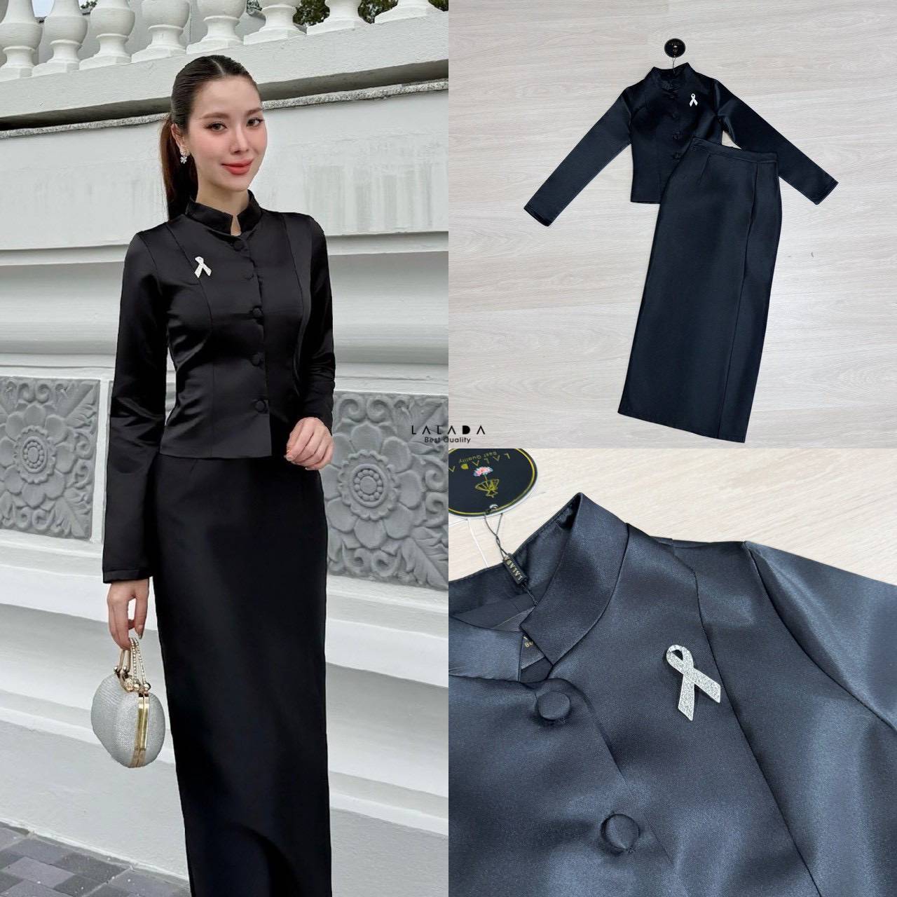 ชุดไทยจิตรลดาสีดำ แขนยาว คอปีนกระดุมหน้าสวยหรูตัดเย็บปราณีตแมทช์กับผ้าถุงสำเร็จรูป งานซิปหลัง + เข็มกลัดเพชร