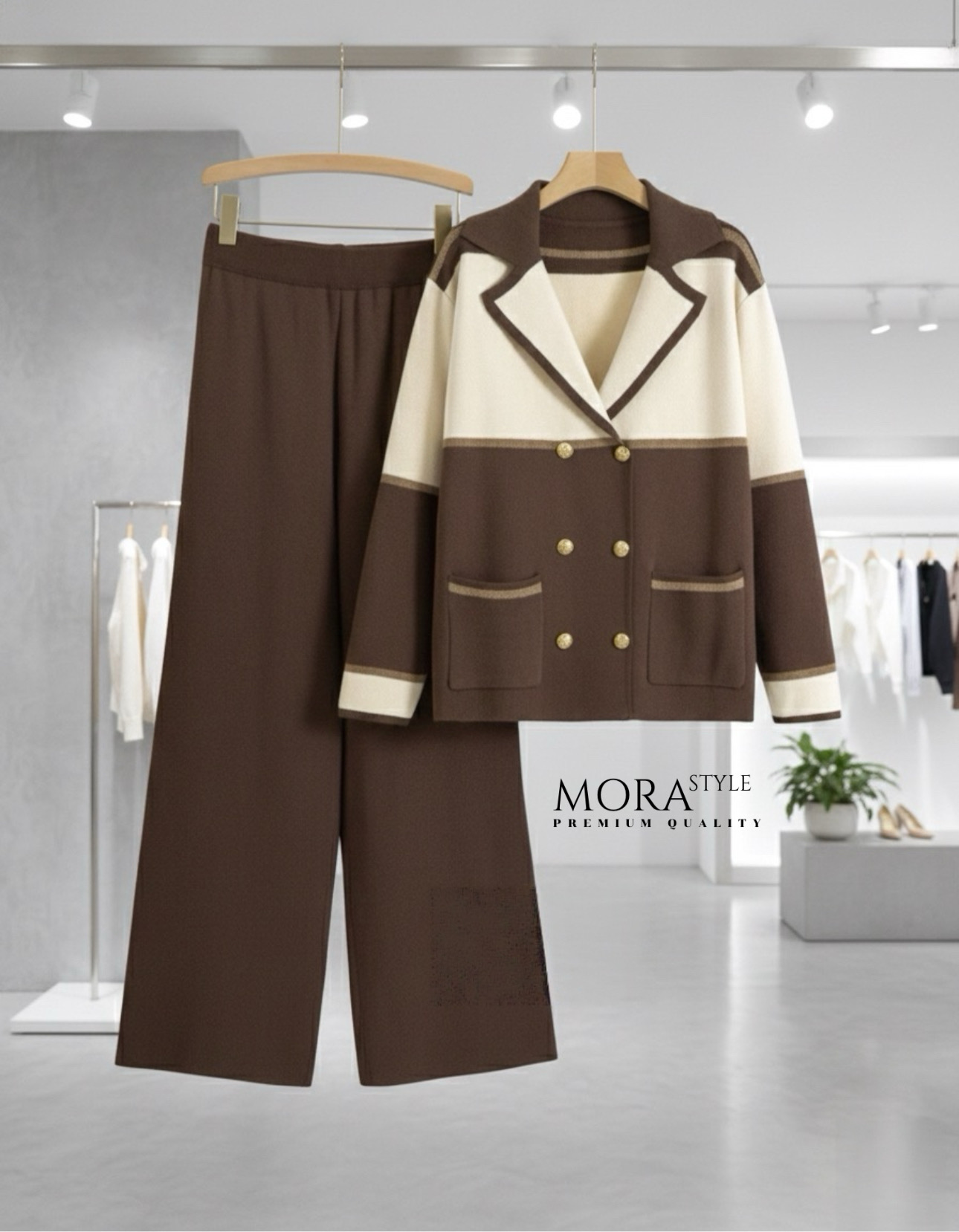 เซ็ตไหมพรม 2 ชิ้น เสื้อแขนยาวทูโทนแต่งกระดุมด้านหน้า มาพร้อมกับกางเกงขายาว ผ้าใส่สบายไม่ร้อน ใส่เที่ยวใส่ออกงานได้ เป็นอีกรุ่นที่ต้องมีติดตู้นะคะ