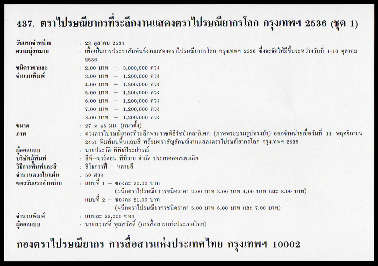 ซองวันแรกจำหน่ายงานแสดงตราไปรษณียากรโลก กรุงเทพฯ (ชุด 1) 2536