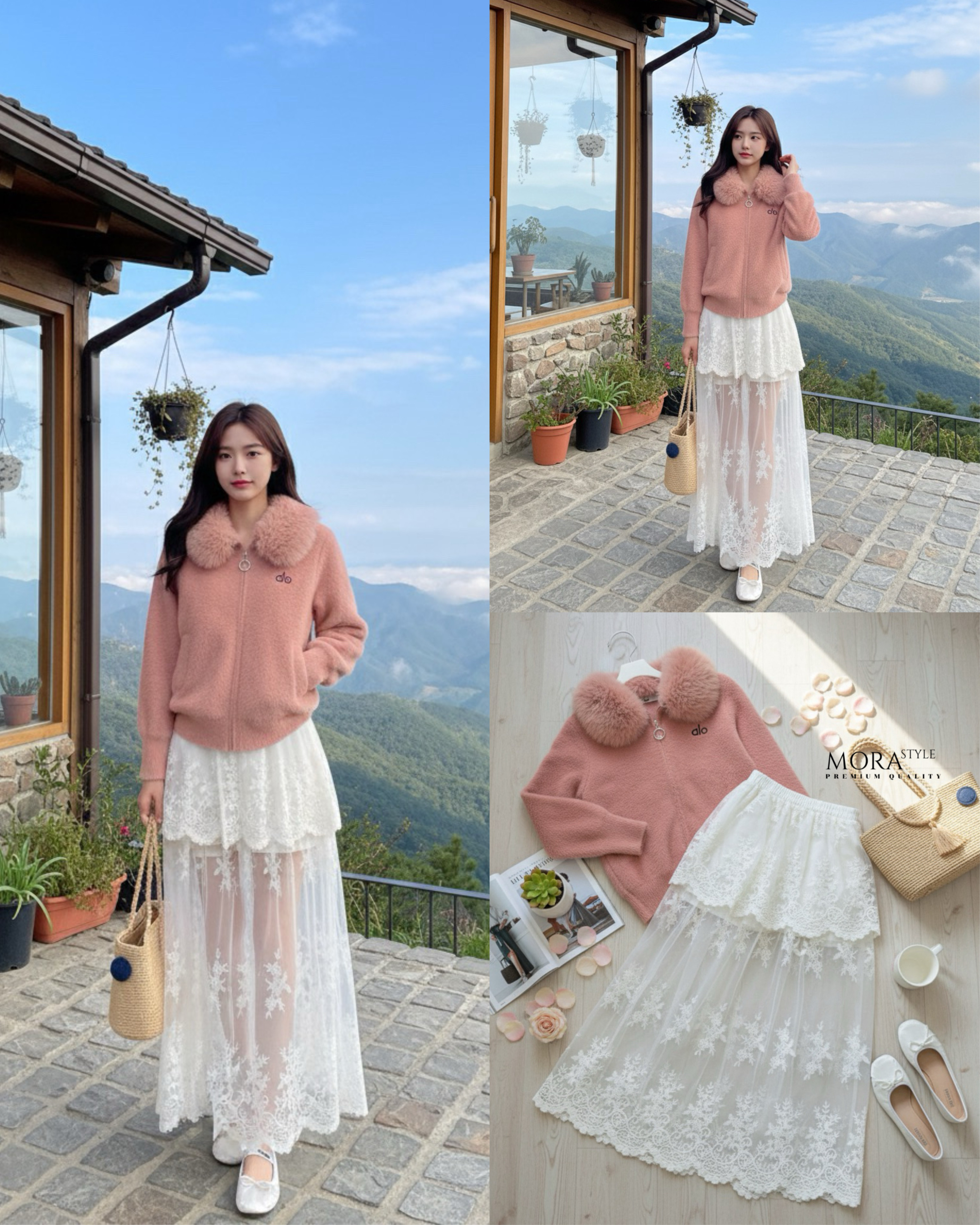 เซ็ต 2 ชิ้น เสื้อแขนยาวแต่งขนเฟอร์ช่วงคอ ขนฟูนุ่มงานสวย ผ้าใส่สบาย มาพร้อมกับกระโปรง แต่งซีทรูลูกไม้ 2 ชั้น งานสวยมากกก