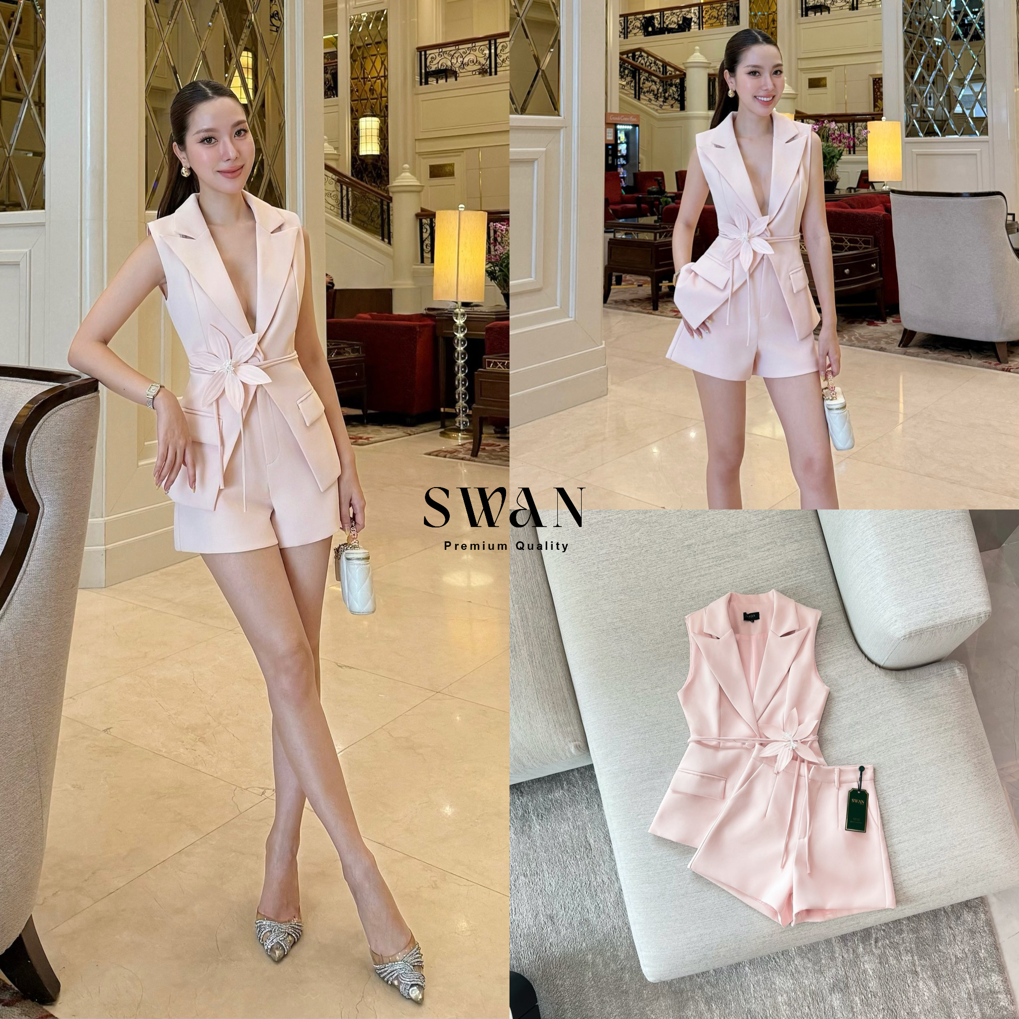 Detail : Set เสื้อทรงเบลเซอร์คอวีลึกให้ลุคเรียบหรูแต่แฝงความเซ็กซี่ ช่วงเอวแต่งสายตกแต่งด้วยดอกไม้เพิ่มความหรูหรามีระดับ ตัวเสื้อเข้ารูปช่วยขับสัดส่วนให้ดูเอวคอด ส่วนกางเกงขาสั้นทรงเนี้ยบช่วยยืดขาให้ดูเรียวยาว