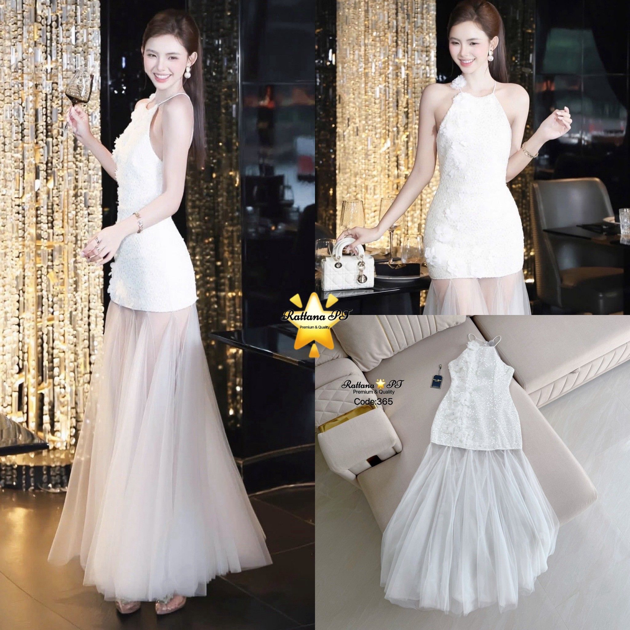 TAG:Rattana🌟PT Code : 395 Detail ::เดรสยาวสีขาว ทรงสวยมาก ดีเทลชุดแต่งดอกไม้ ผ้าเป็นกริสเตอร์ มีความหรูหรา ดูแพง ใส่ดินเนอร์ ออกงาน ออร่าพุ่ง สวยเด่นกว่าใคร ใส่ดูสูงเพียว