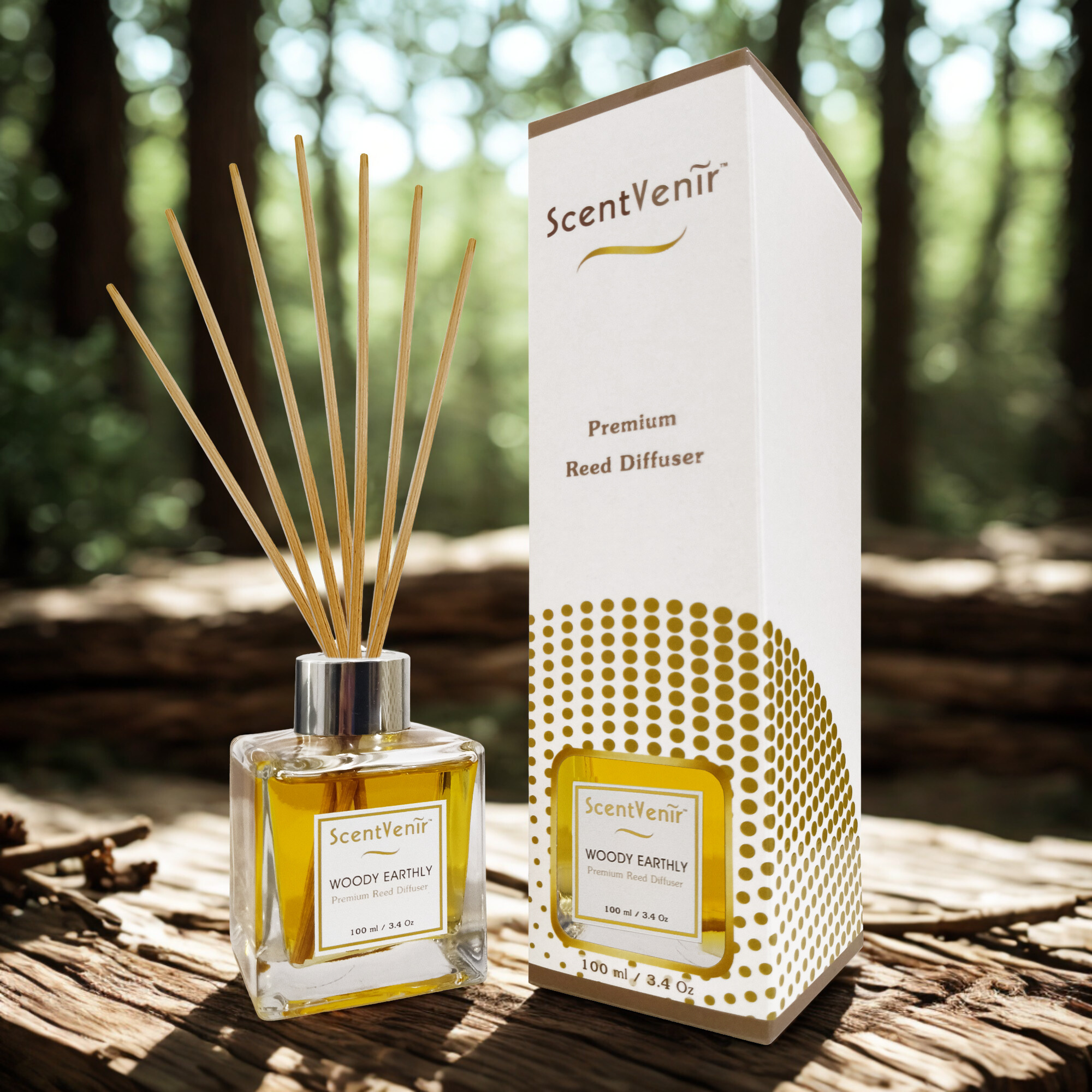 ScentVenir WOODY EARTHLY Scent Diffuser น้ำหอมกระจายกลิ่น น้ำหอมปรับอากาศ ไม้หวาย ก้านไม้ ก้านหวาย ก้านไม้หอม กลิ่น วู้ดดี้ เอิร์ธลี่ สัมผัสกับกลิ่นของไม้ป่า และธรรมชาติ หรูหรา มีระดับ อโรม่า สูตรน้ำมันหอมระเหยแท้กับหัวน้ำหอมเกรดสูง ขนาด 100ml ใช้นาน 5 เด