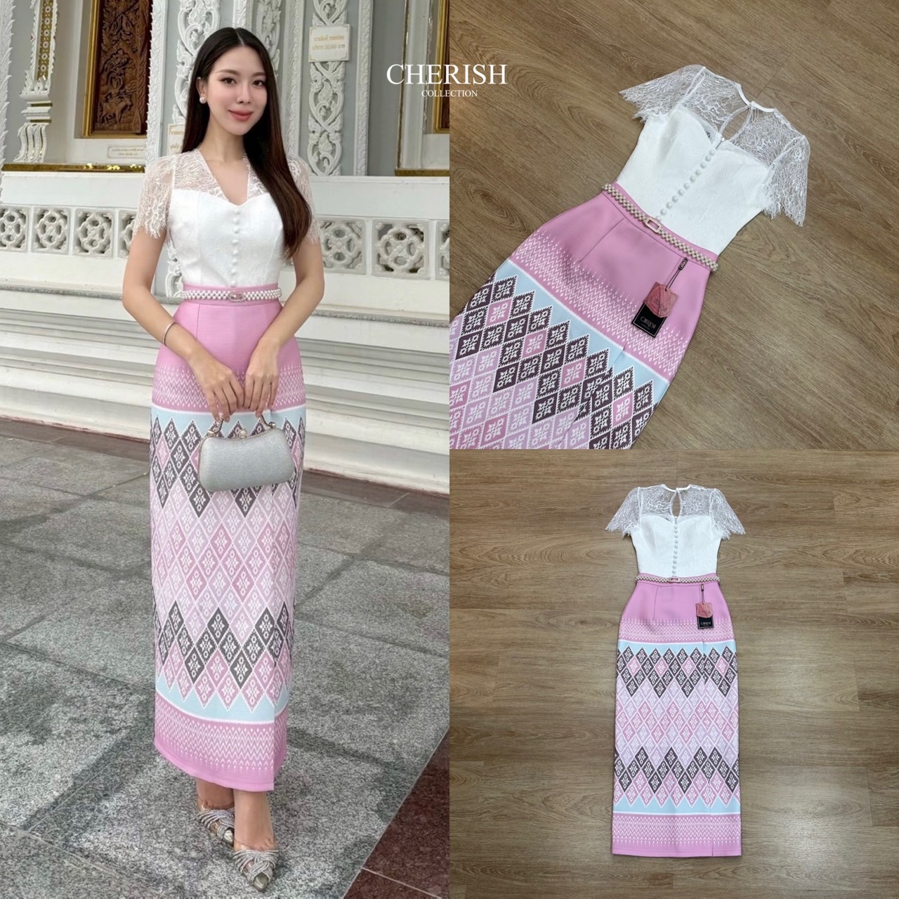เซ็ท ชุดไทย ตัวเสื้อลูกไม้คอวีตกแต่งกระดุมตรงกลางซับในเกาะอกครึ่งตัว ผ้าถุงเอวสูงลายไทยซิบหลัง มีซับในกันโป๊อย่างดี มาพร้อมเข็ดขัดมุก จะใส่เข้าพิธีสำคัญ งานบุญ งานมงคลสมรส จะไปงานไหนรับรองเด่นสุดๆเลยค่า