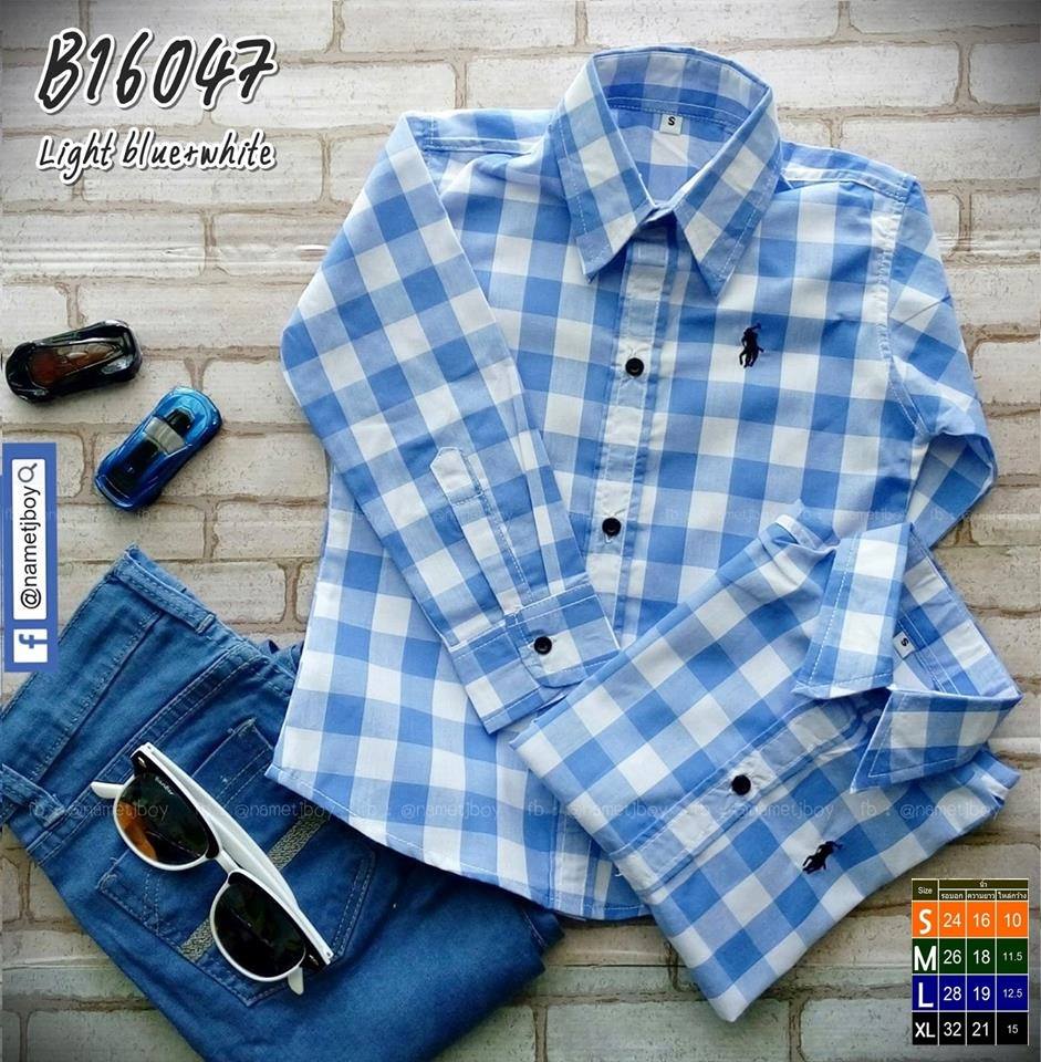 B16047 เสื้อเชิ้ตเด็ก แขนยาวสก็อตฟ้าขาว (Big)
