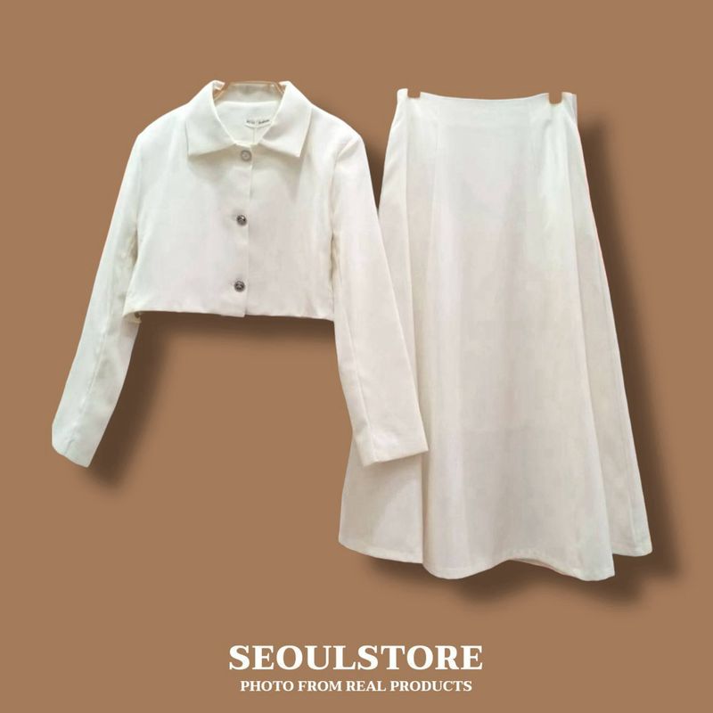 Set 2 ชิ้น เสื้อเชิ้ตครอปแขนยาว+กระโปรงยาวมีซับใน ซิปด้านหลัง มีกระเป๋าข้าง