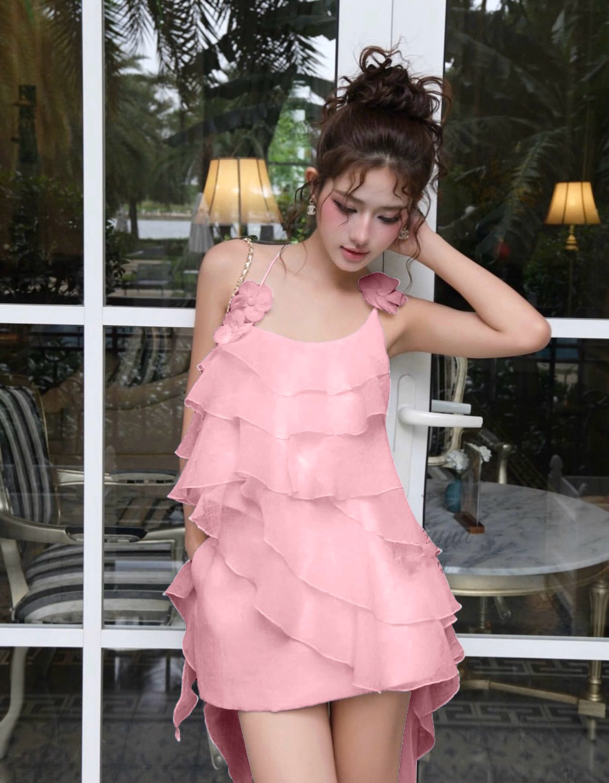 มินิเดรสสายเดี่ยวสีชมพูสายแต่งดอกไม้เย็บติดด้านหลังเป็นสายไขว้ผ้าพริ้วสวยแต่งดีเทลระบายเป็นชั้นๆสวยน่ารักมากงานอกมีฟองน้ำเสริมตัวเดรสเป็นงานผ้ามีน้ำหนักพร้อมซับในและซิปข้าง