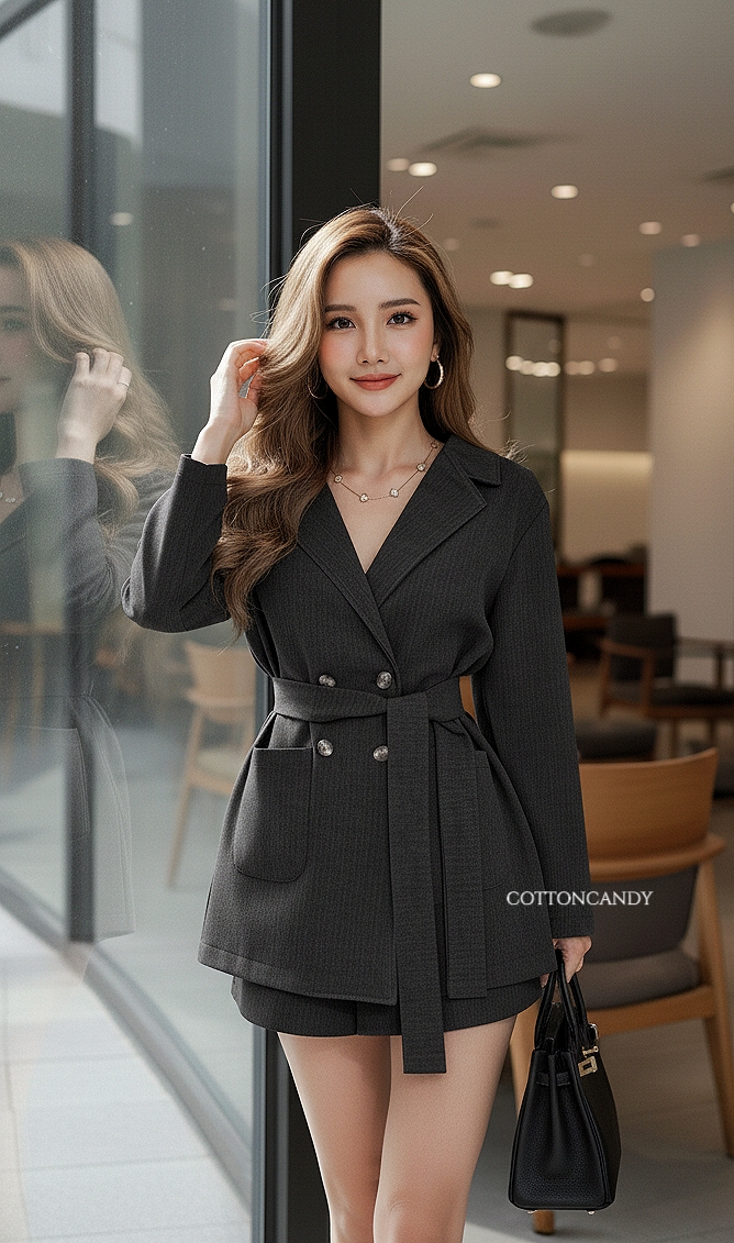 Tag#cottoncandy เซท สไตล์เบลเซอร์ ที่ชิลๆ ผ้าเนื้ดี โทนสีดสวย คุ้มมากๆ มา2ชิ้น พร้อมโบว์ผูกเอว ใส่เป็นเซทหรือจะแยกชิ้นก็ไ