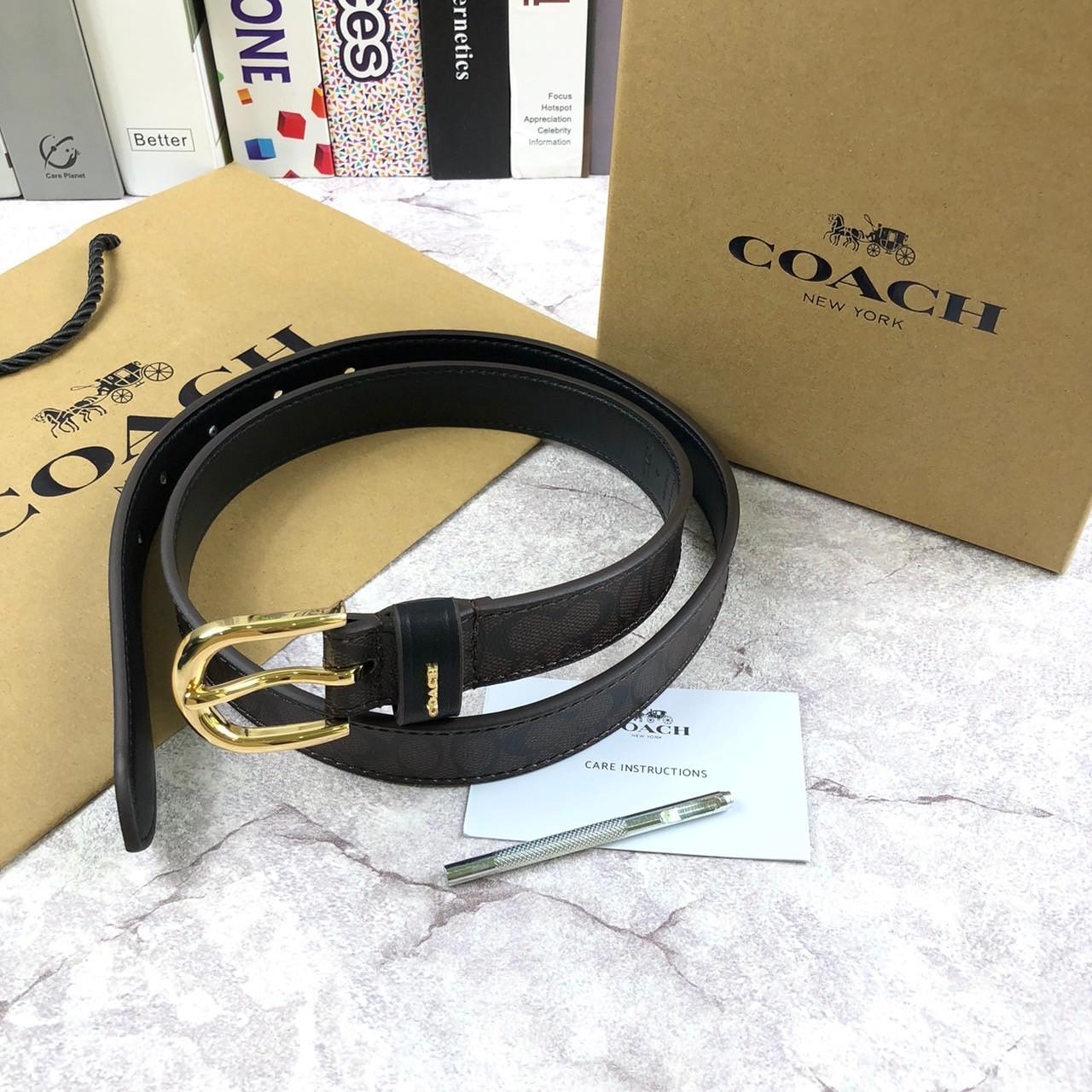 เข็มขัดผู้หญิงแบรนด์เนมโค้ชหนังแท้สีน้ำตาลดำลายC Coach belt