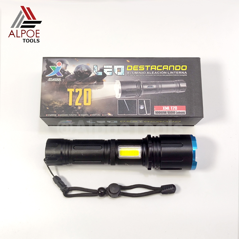 ไฟฉายแรงสูง พร้อมอุปรกรณ์ชาร์จ หลอด T20 มีไฟข้าง ถ่าน 26650 รุ่น JX-2022