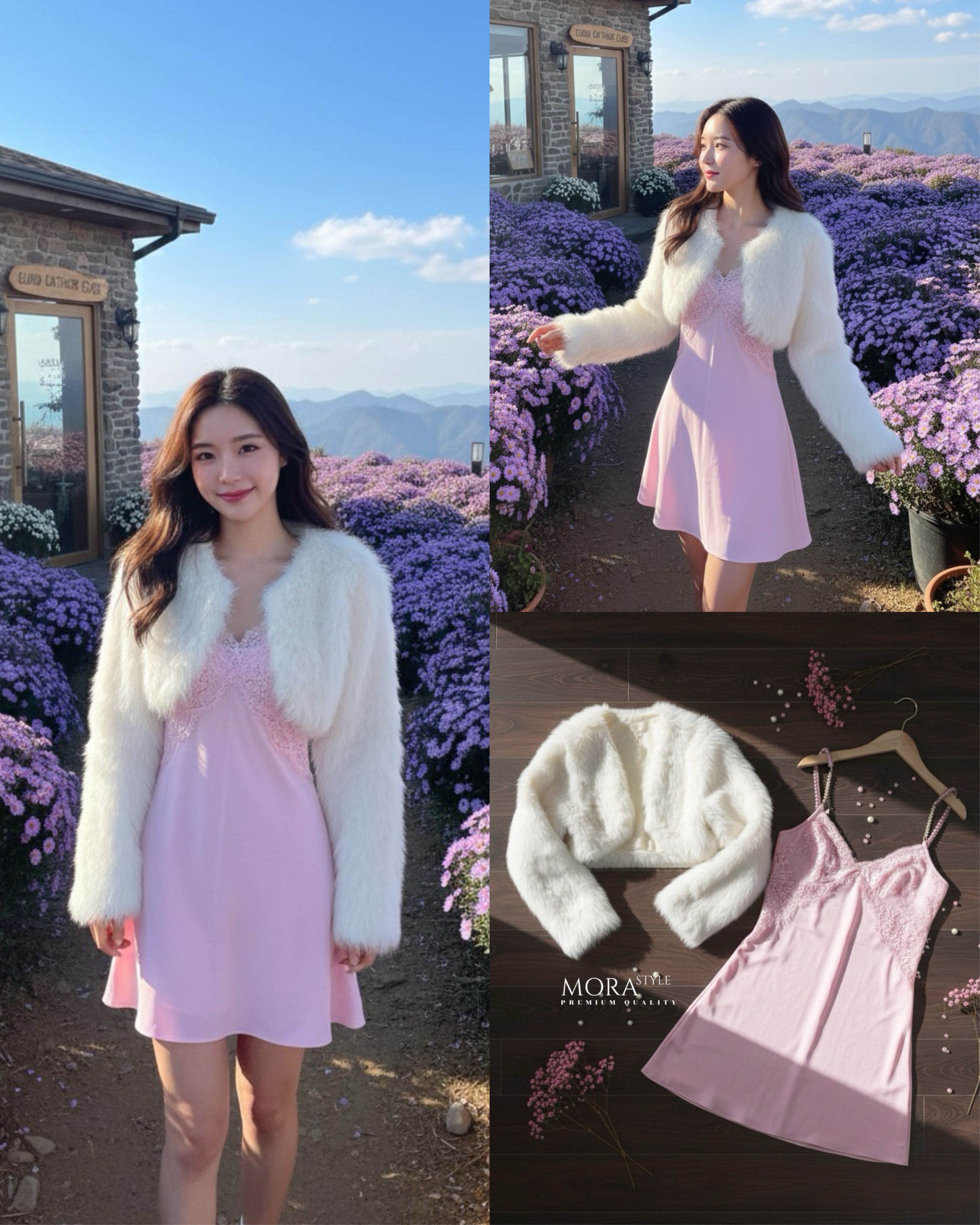 เซ็ท 2 ชิ้น มินิเดรสสายเดี่ยวตามแบบฉบับเซเลปดารา ผ้าพริ้วใส่สบาย มาพร้อมกับเสื้อคลุมแต่งขนเฟอร์ ใส่แมทช์น่ารักมากค่าาา