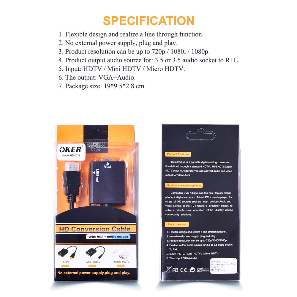 HDV-333 ตัวเเปลง HDMI to VGA Adapter+AUDIO FULL HD CV-GO-XX-HD333