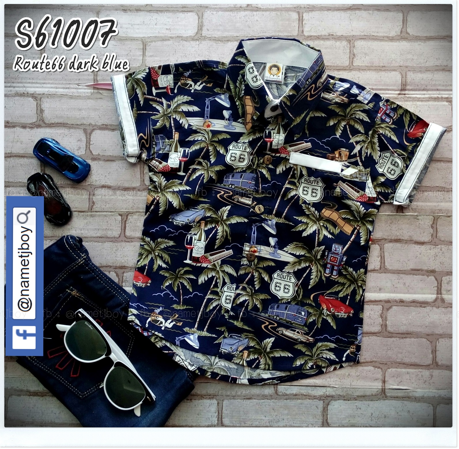 เสื้อเชิ้ตเด็ก ลาย Route 66 สีกรมท่า ผ้าคอตตอน ใส่สบาย