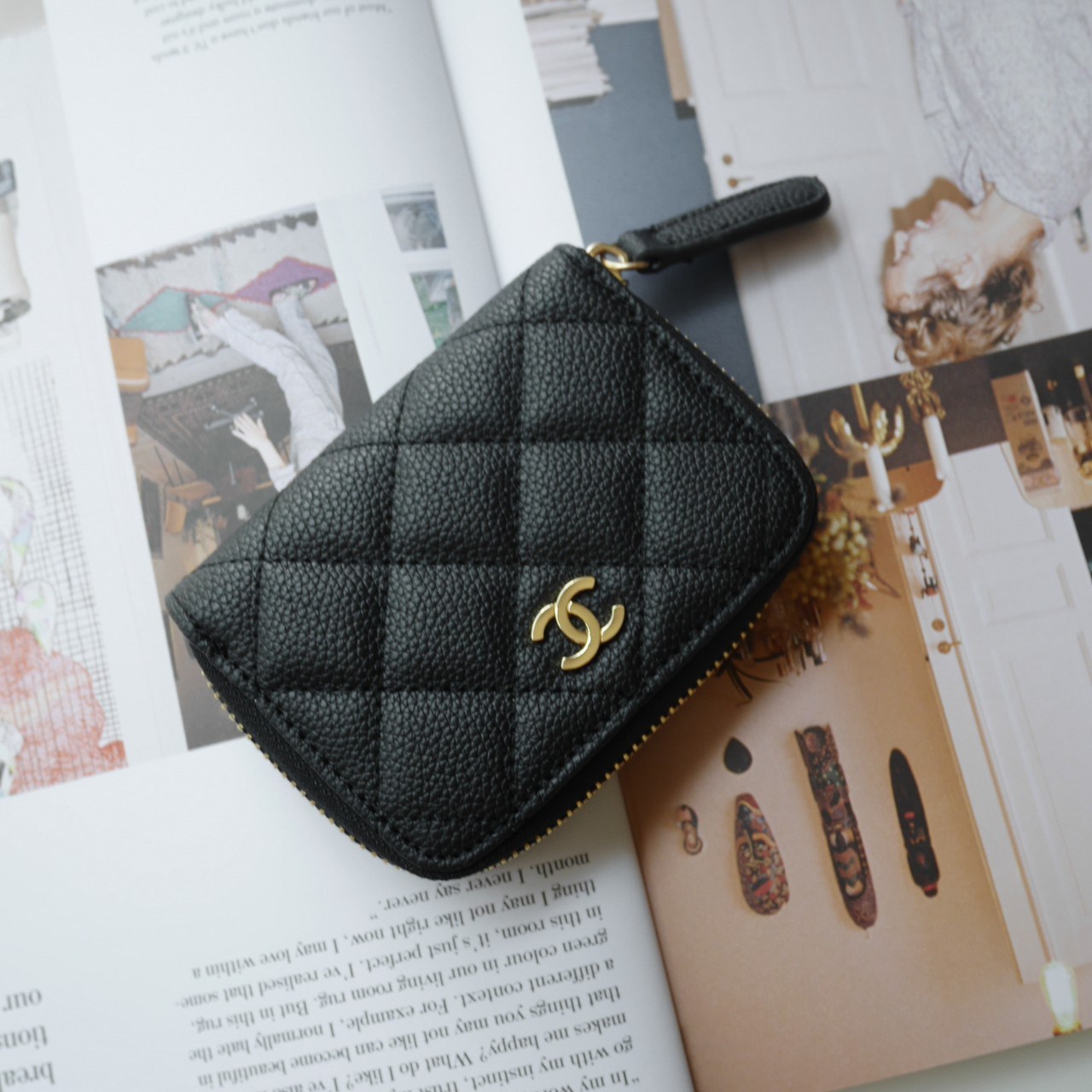 กระเป๋าสตางค์ใบสั้นซิปรอบเรียบรหรูดูแพงแบรนด์เนมชาแนลพรีเมี่ยมกิ๊ฟ Chanel Premium gift-หนังคาเวียร์สีดำอะไหล่ทอง