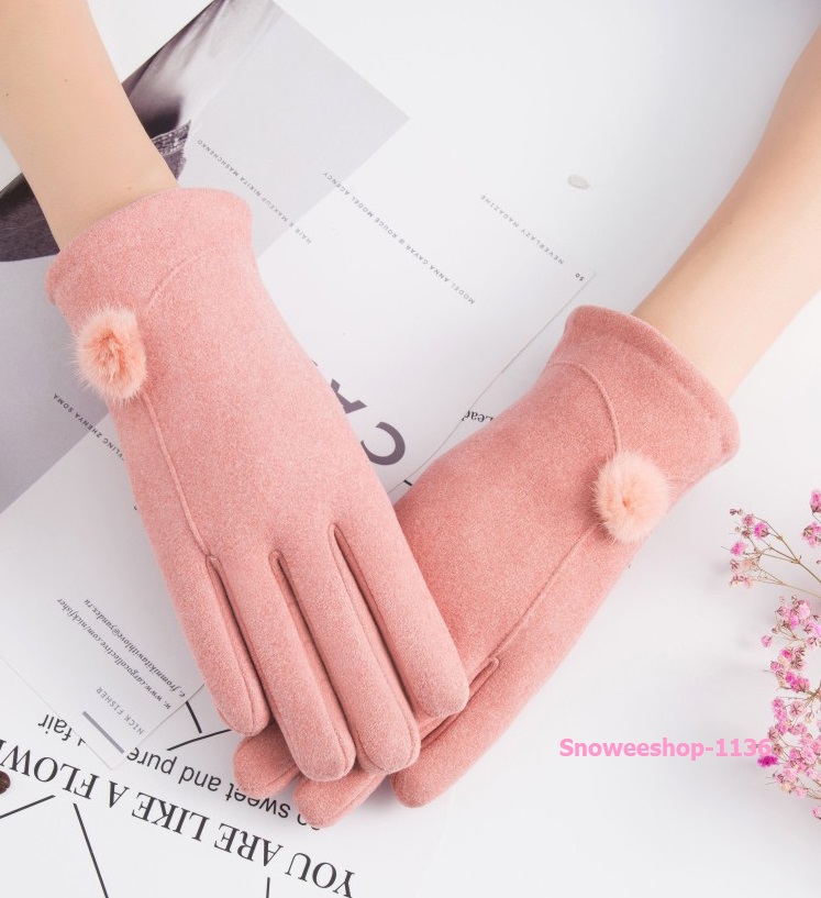 ถุงมือกันหนาวผู้หญิง ถุงมือกันหิมะผ้าแคชเมียร์ทอหนาซับในกำมะหยี่ทรงสลิมใส่แล้วนิ้วดูเรียวไม่พอง แต่งขนเฟอร์สวยมี 3 สี