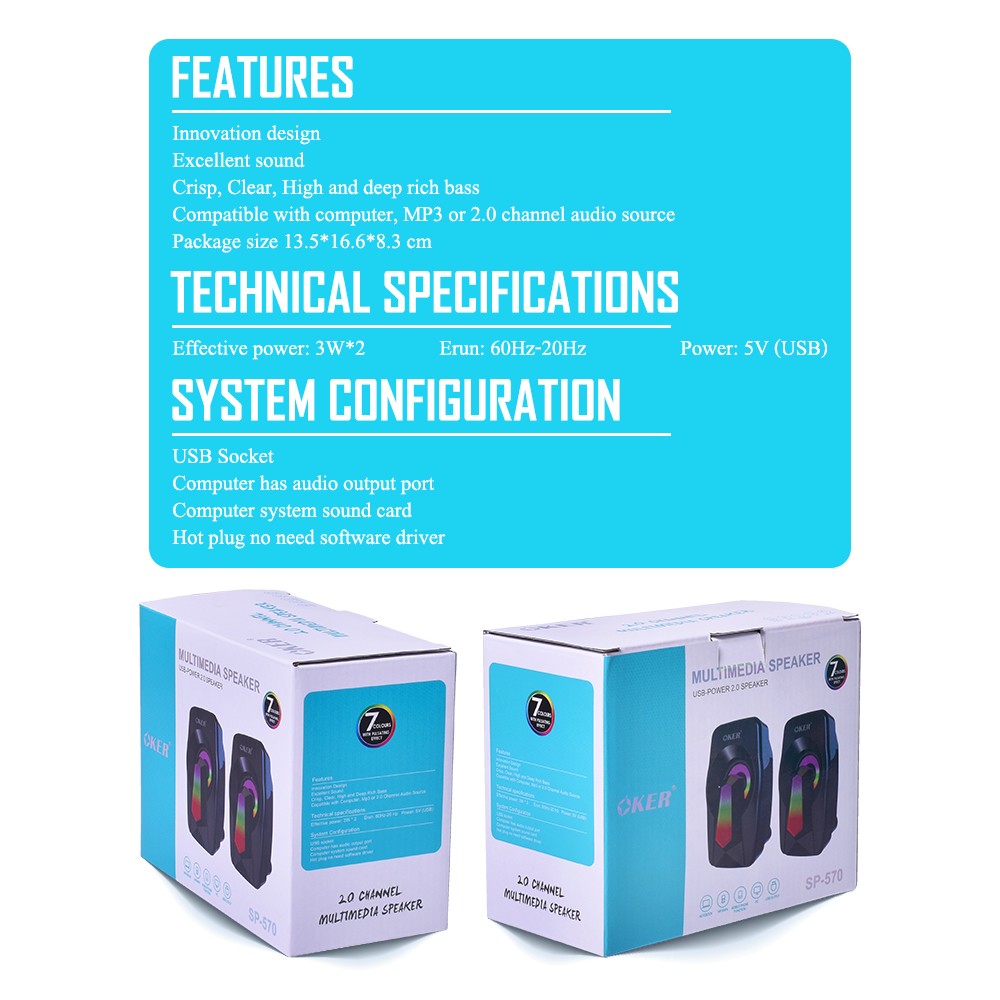 OKER SP-570 MULTIMEDIA SPEAKERS ไฟ7สี 3w. x2 SP-OK-20-570BK