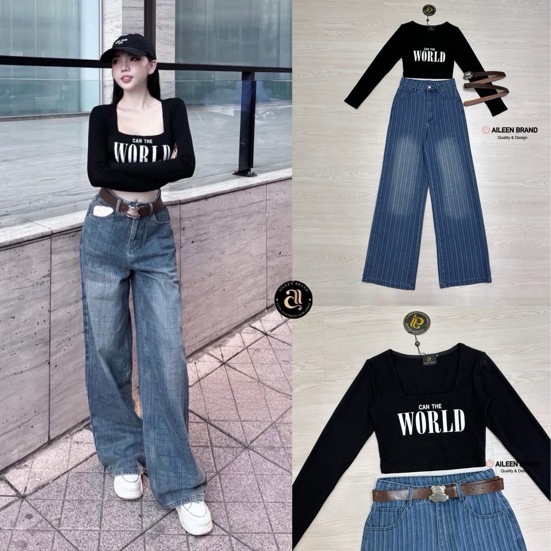Set 2 ชิ้น เสื้อครอปสีดำแขนยาวทรงพอดีตัว ด้านหน้าสกรีนลายตัวอักษรสีขาว เนื้อผ้านิ่มใส่สบาย มาพร้อมกับกางเกงยีนส์ขายาวสีฟอกแต่งเฟดมีกระดุมและซิปด้านหน้า มีกระเป๋าล้วงทั้งสองข้าง กางเกงทรงกระบอกใหญ่ แถมยังเพิ่มความเก๋ด้วยเข็มขัดหนึ่งเส้น จะใส่ทั้งชุดหรือแยก