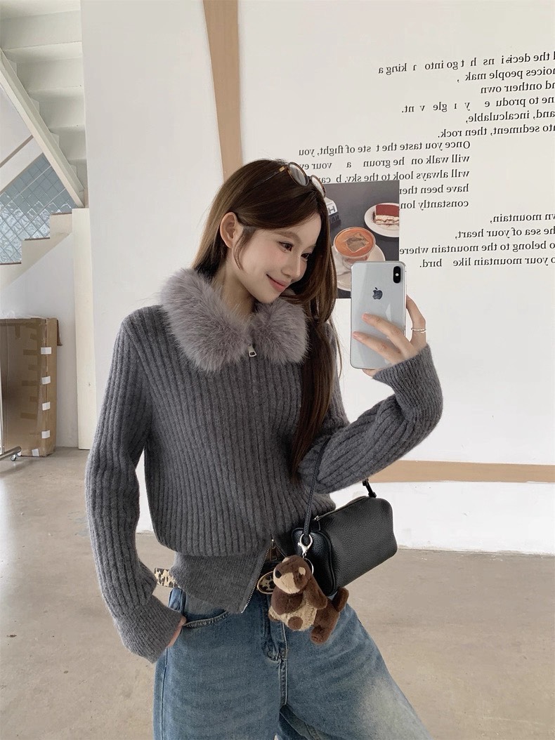 เสื้อสเวตเตอร์ขนสัตว์คอปกฟู ซิปคู่เก๋ไก๋และสวมใส่สบาย