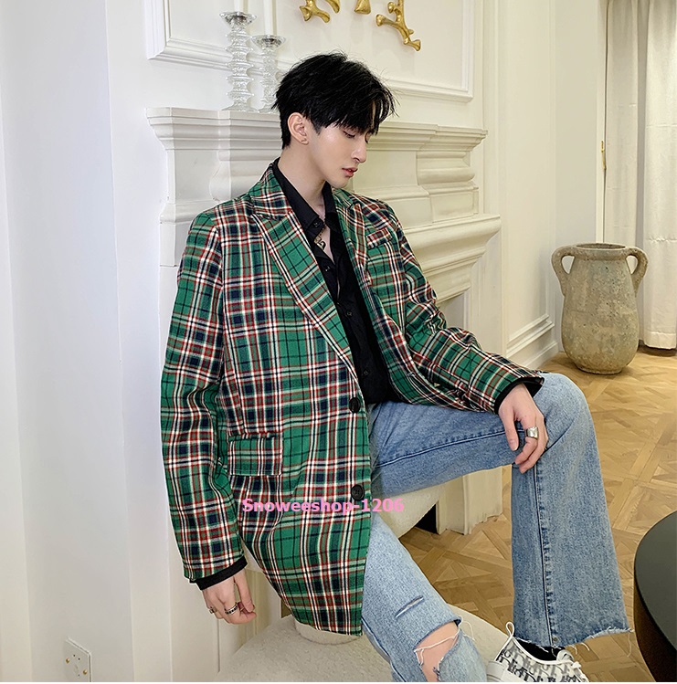 เสื้อสูทลายสก็อตสีเขียวสไตล์อังกฤษทรงใส่แบบหลวมแนวสตรีทบอย ทอจากผ้าฝ้ายผสมเส้นใยโพลีเอสเตอร์ซับในหนา