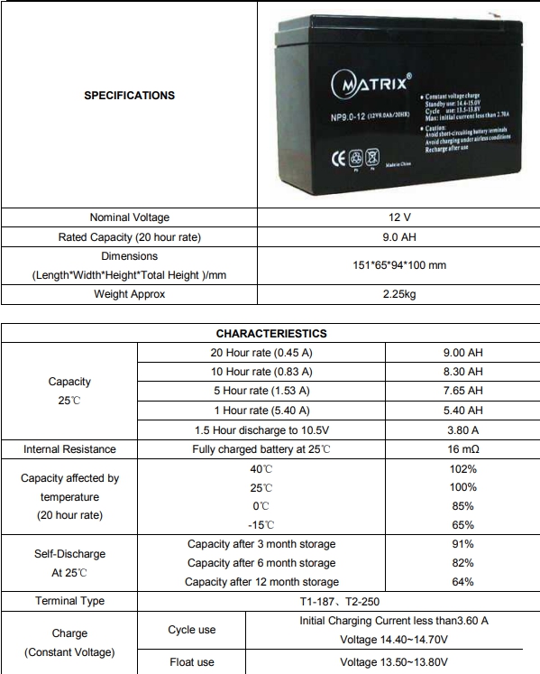 MATRIX BT-009 12V/9AM BATTERY UPS MATRIX 12v9am BT-UP-MT-1209A