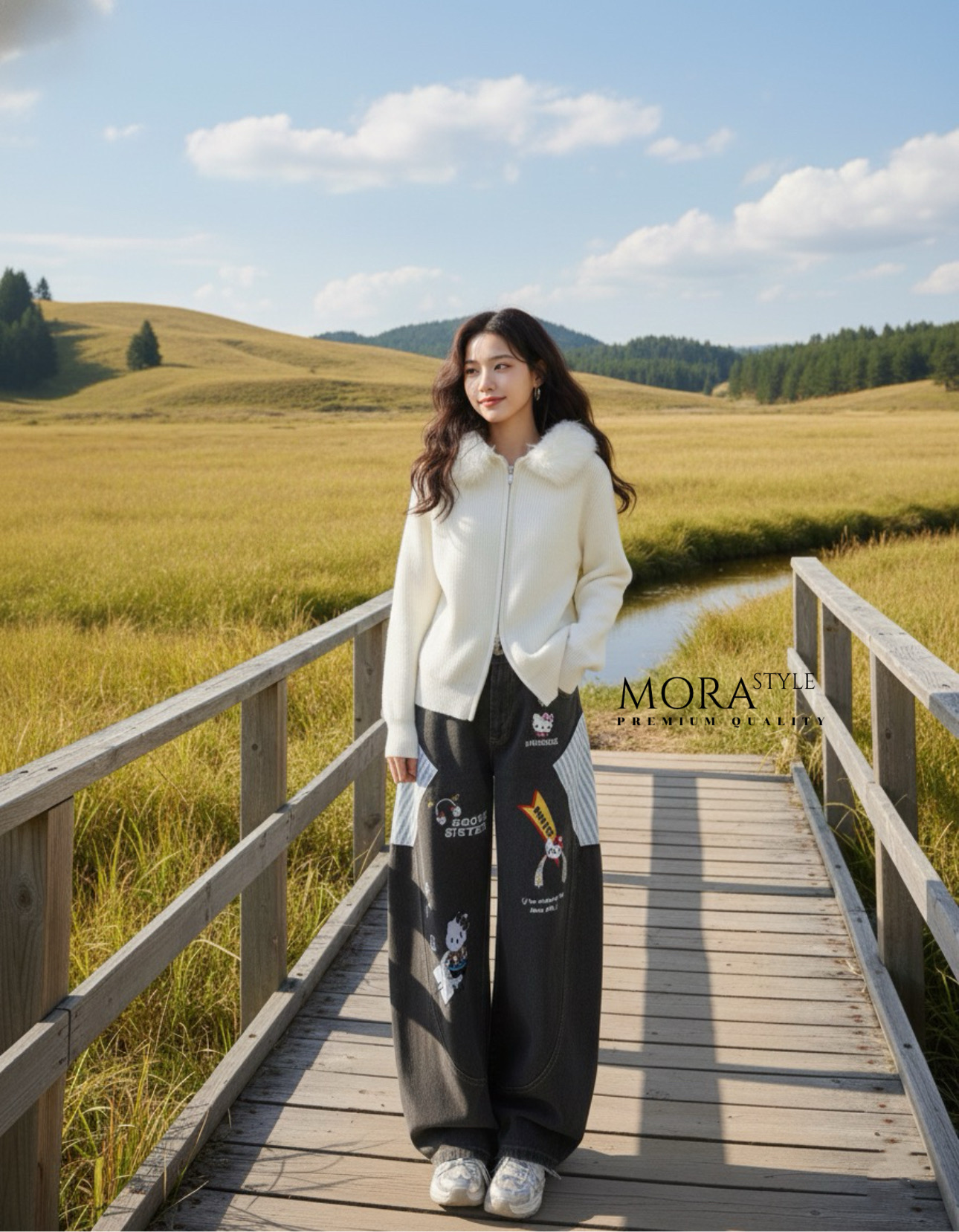 เซ็ท 2 ชิ้น กางเกงยีนส์เอวสูงขากระบอกใหญ่ทรงหลวมมีสม๊อคด้านหลัง ปักน้องการ์ตูนสุดน่ารัก แต่งกระเป๋าลายสก๊อตสีฟ้า มาพร้อมกับเสื้อไหมพรหมแขนยาวแต่งขนเฟอร์ช่วงคอมีซิปรูดด้านหน้าผ้ายืดหยุ่นใส่สบายเป็นอีกหนึ่งคอลเลคชั่นหน้าหนาวนี้ที่ต้องมีติดตู้นะคะ