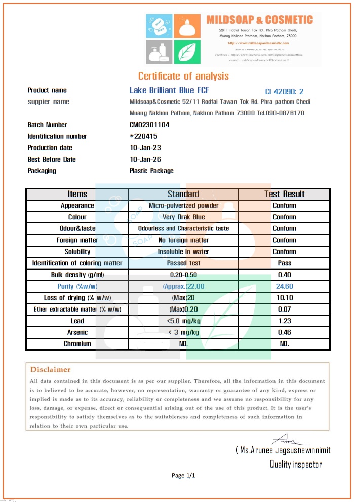 Color Blue : Lake Brilliant Blue FCF/ FD&C Blue 1 Alum Lake / CI 42090:2