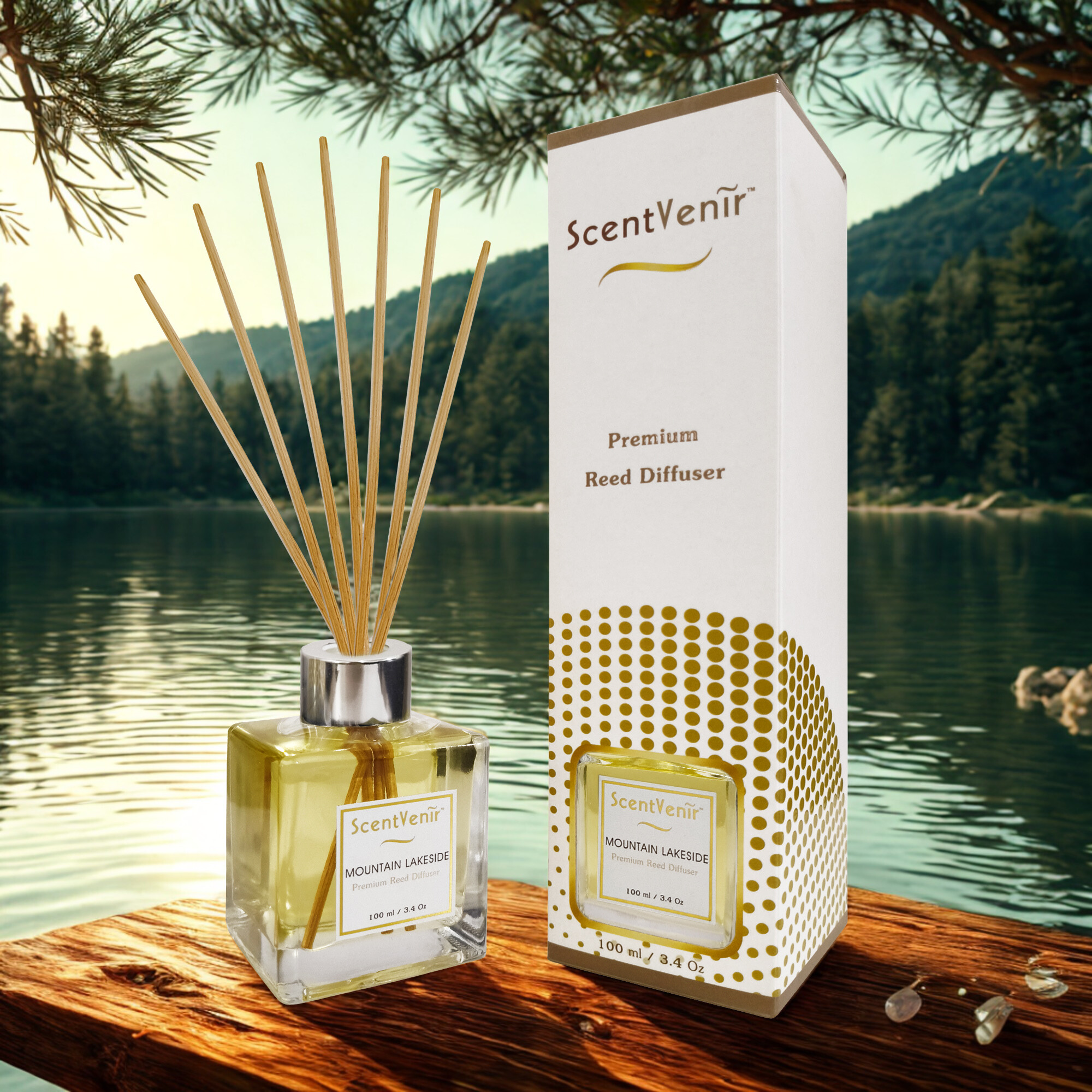 ScentVenir MOUNTAIN LAKESIDE Scent Diffuser น้ำหอมกระจายกลิ่น น้ำหอมปรับอากาศ ไม้หวาย ก้านไม้ ก้านหวาย ก้านไม้หอม กลิ่น เม้าท์เท่น เลคไซด์ สัมผัสกับกลิ่นแห่งขุนเขา ทะเลสาป หอมสะอาด สดชื่น, เย็นสบาย อโรม่า สูตรน้ำมันหอมระเหยแท้กับหัวน้ำหอมเกรดสูง ขนาด 100m