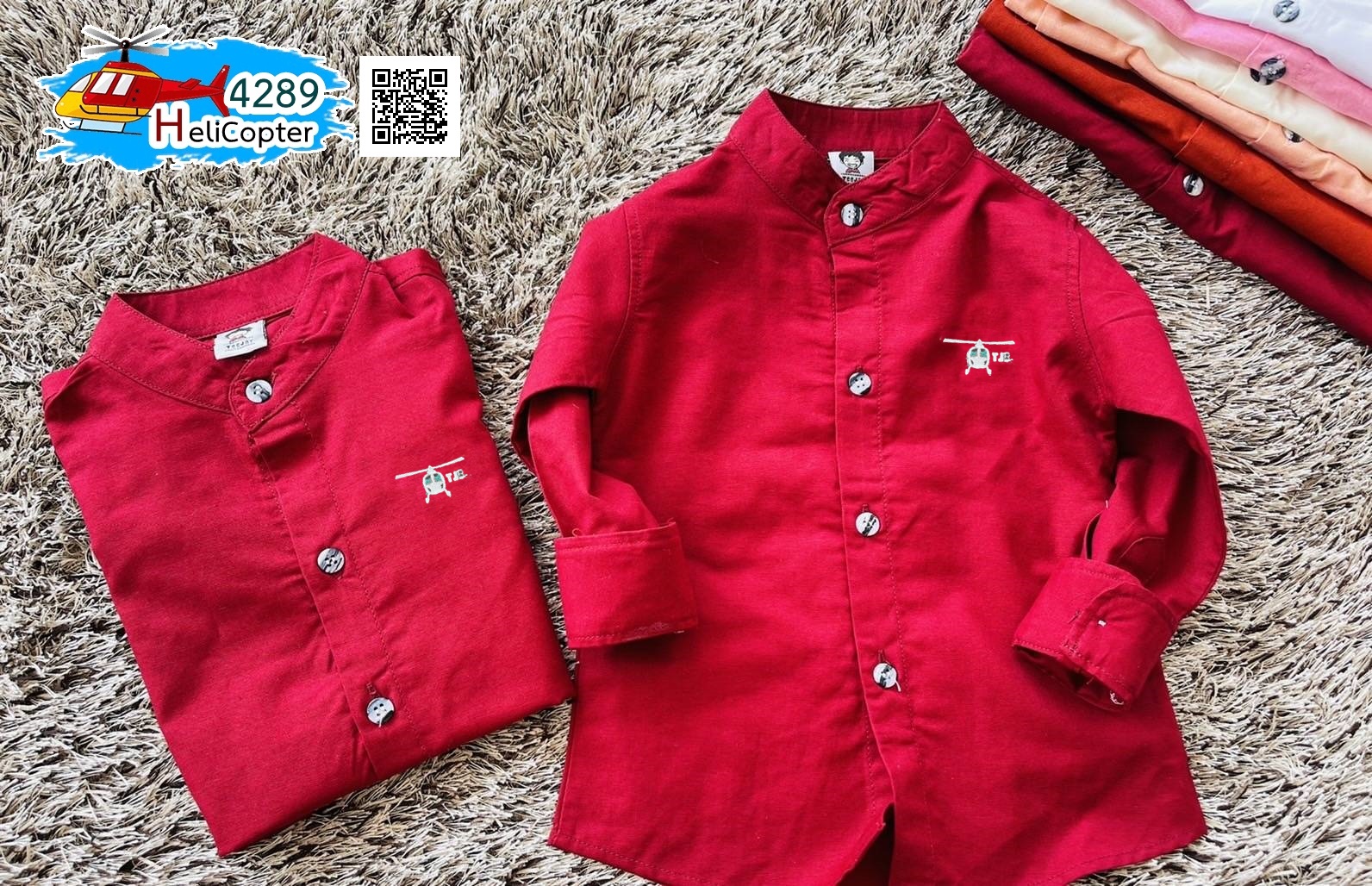 HC เสื้อเชิ้ต แขนยาว ปักคอปเตอร์ สีแดงไวน์ คอจีนเด็ก 8 เดือน - 8 ขวบ