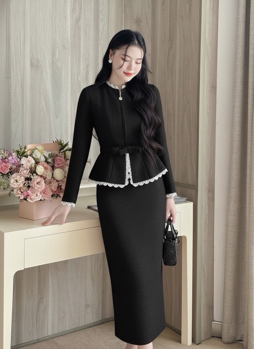 ชุด Set2ชิ้น เสื้อแขนยาวผ้าทอสีดำทั้งชุด คอกลม แต่งระบายคอ ปลายแขน และชายเสื้อ ซิปหน้า (อกเสริมฟองน้ำ) มาพร้อมเข็มโบสีดำใส่แมตช์กับกระโปรงยาวทรงสอบ แต่งผ้าหลัง (มีซิปหลัง)