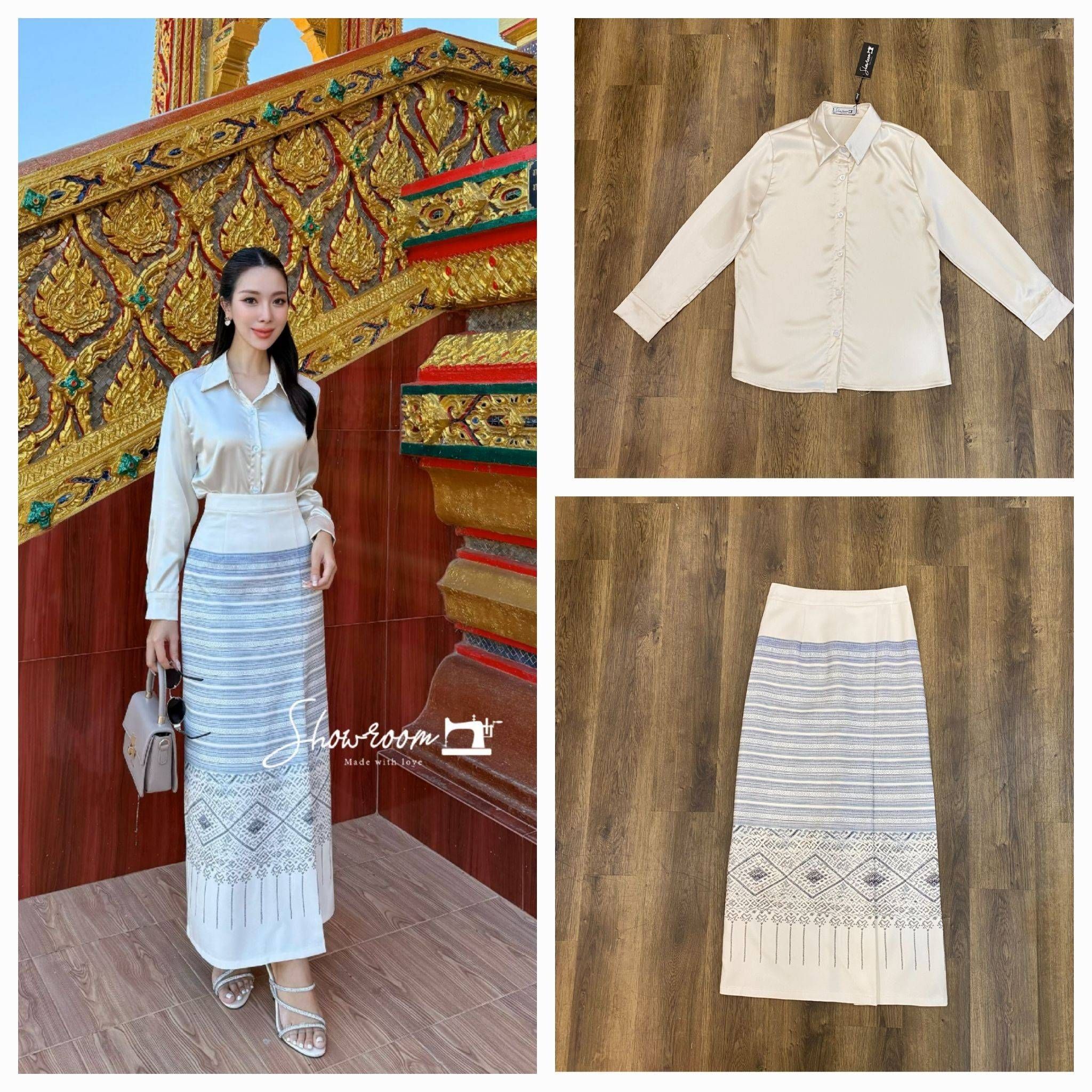 ชุดเซ็ททำบุญ ตัวเสื้อทรงหลวมๆปล่อยๆ กระโปรงบุซับ อัดกาว ทรงสวย คอมพลีทลุคครบจบในชุดเดียว #showroombran #งานป้ายคุณภาพดี #งานแฟชั่น #ปังปุริเย่ #เสื้อผ้างานป้าย #เสื้อผ้าผู้หญิง #cropbrand #คร็อปแบรนด์
