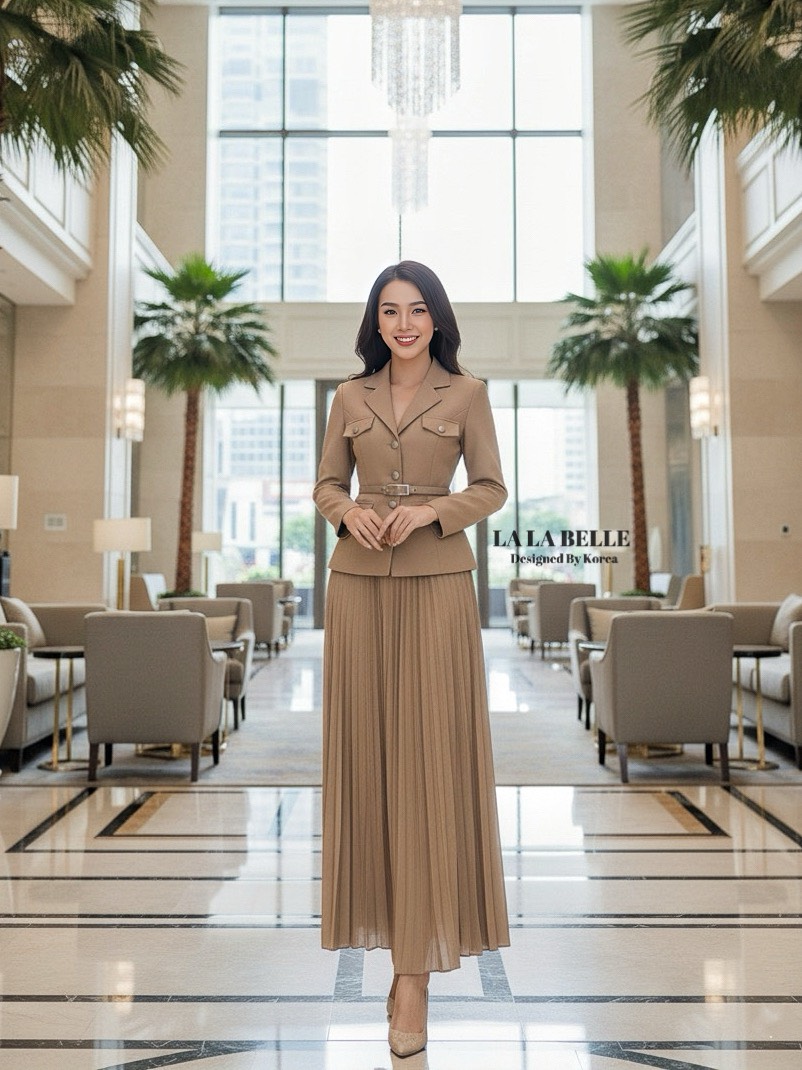 เซต3ชิ้น เสื้อสูทคอวีกระดุมหน้าบ่าเสริมฟองน้ำเอวเข้ารูปเข้าทรงมีซับในอัดกาว+ เข็มขัดหนังเข้า +ชุดชายเสื้อระบายช่วงปลาย+กระโปรงอัดพีท